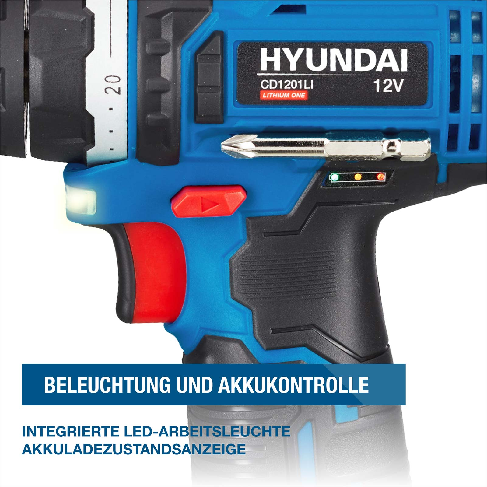 Blaue Hyundai 12V Akkuschrauber mit integrierter LED-Arbeitsleuchte und Akkukontrollanzeige.
