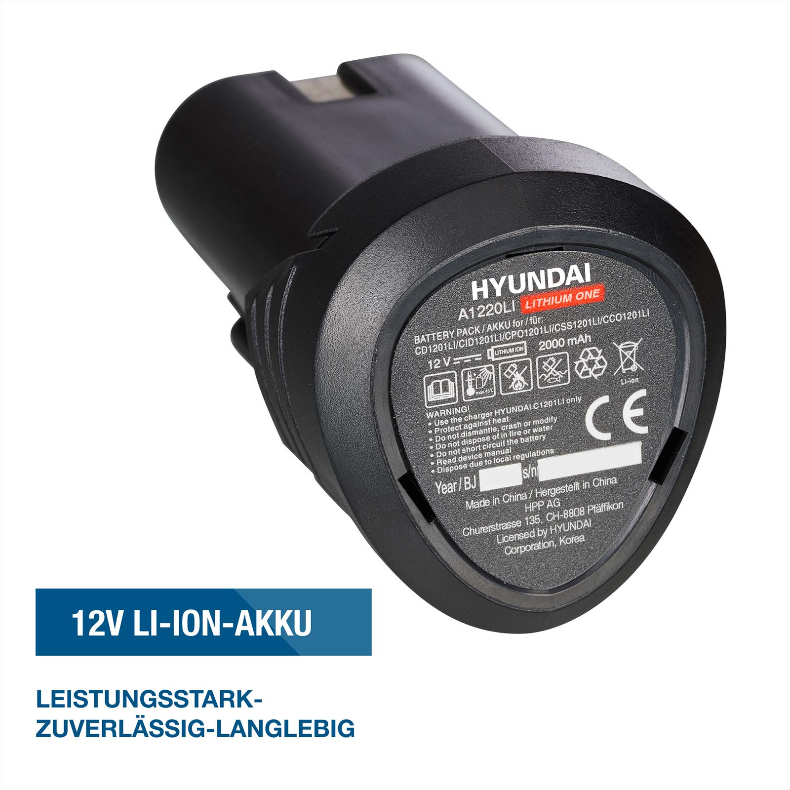 Ein schwarzer Hyundai 12V Li-Ion-Akku mit technischen Daten und Sicherheitshinweisen auf dem Etikett.