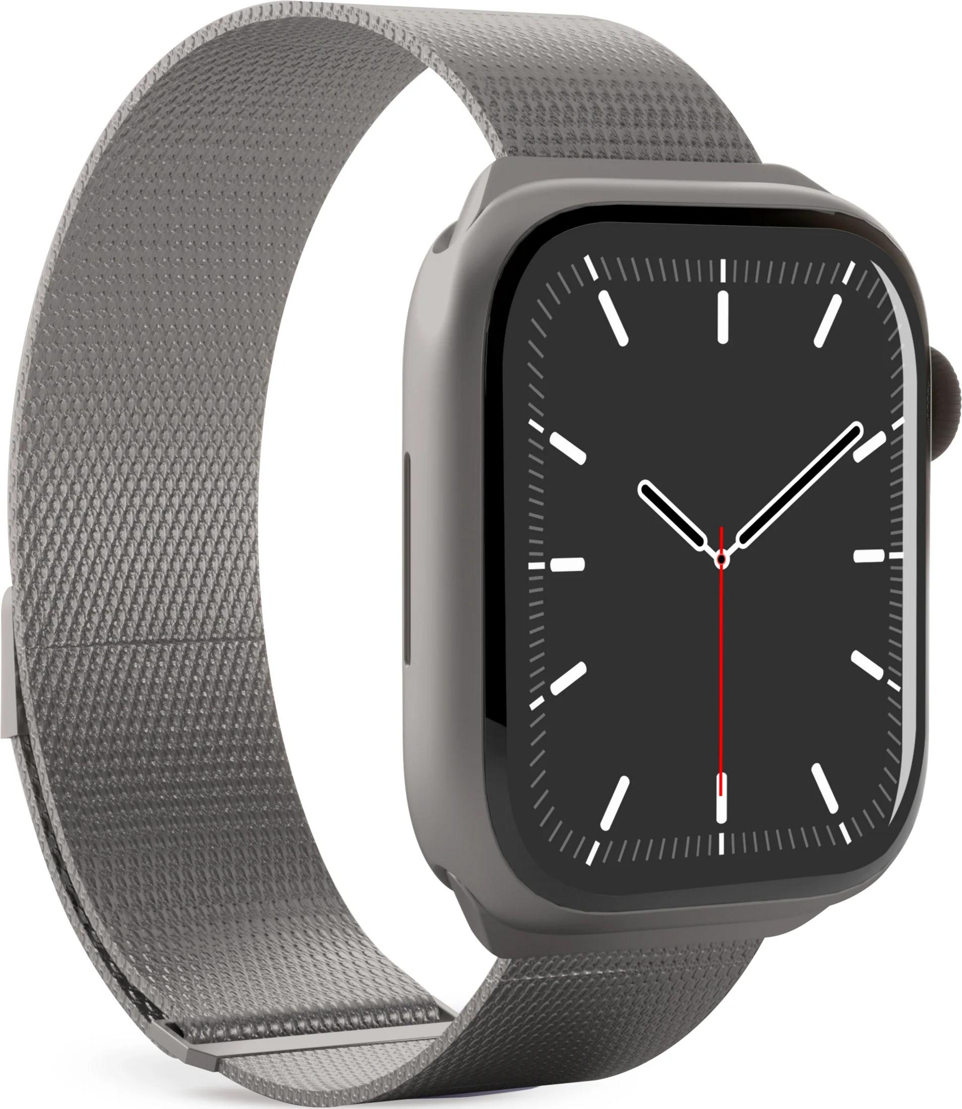 Uno smartwatch grigio con quadrante nero e cinturino intrecciato su sfondo bianco.