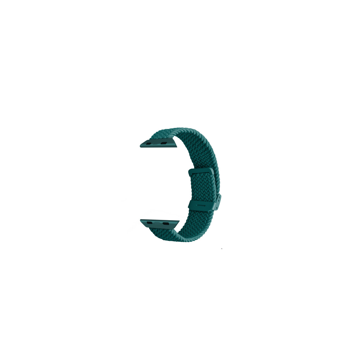 Una correa de reloj trenzada de color verde oscuro sobre fondo blanco.