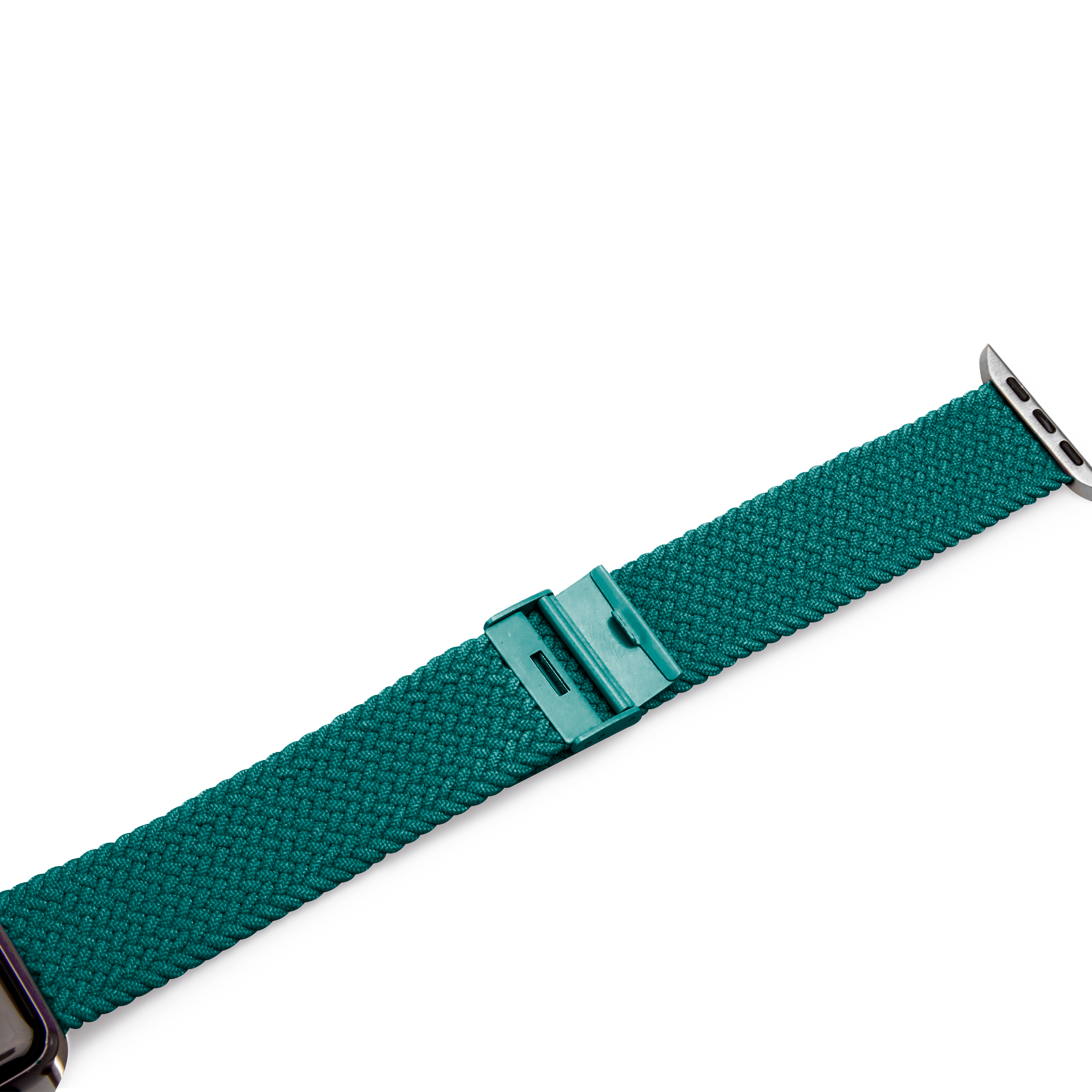 Una correa de smartwatch verde trenzada con hebilla metálica ajustable sobre fondo blanco.