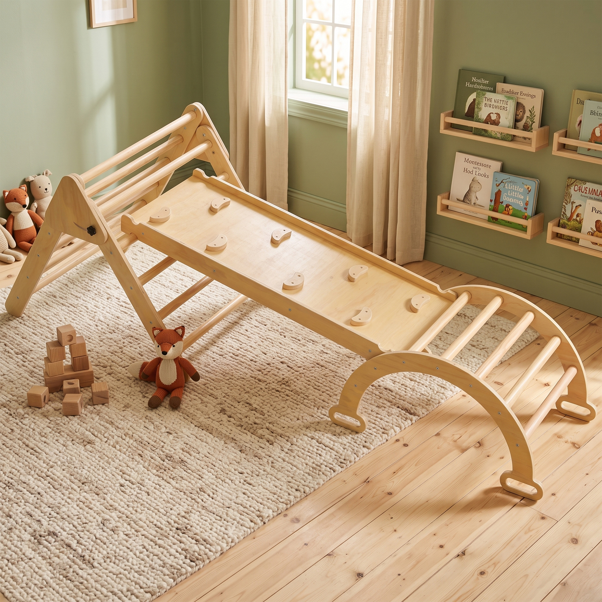 Triángulo de escalada de madera, tobogán y arco sobre una alfombra en una habitación infantil con peluches.
