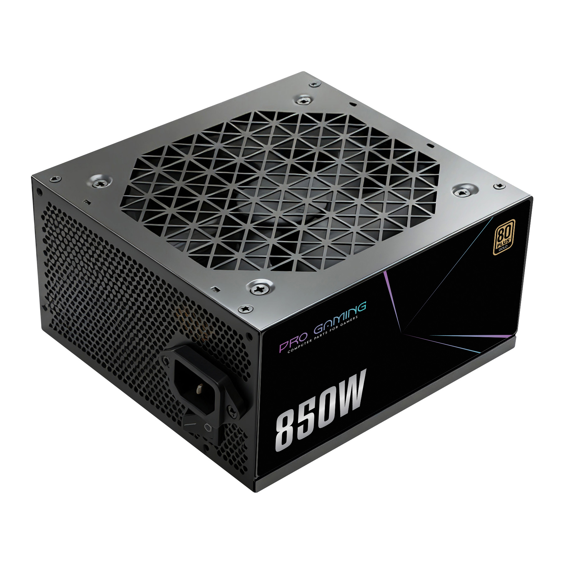 Alimentatore per PC Pro Gaming nero da 850W con griglia della ventola triangolare.