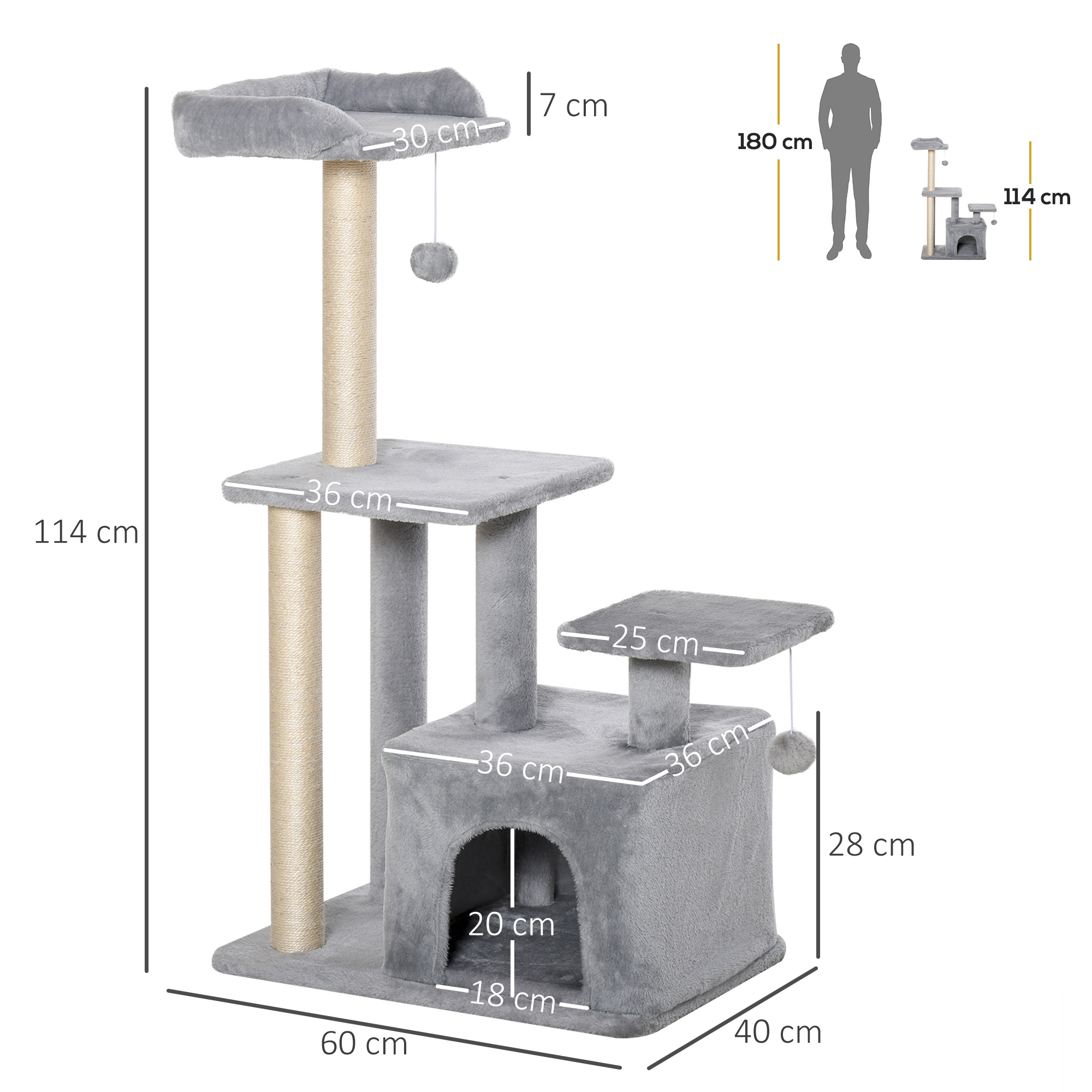 Árbol para gatos gris con plataformas, una cueva y medidas.