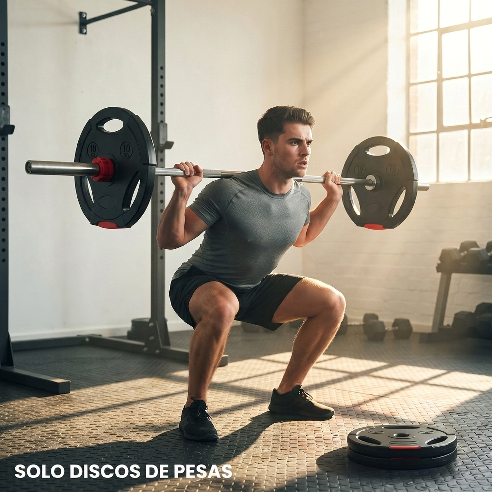 Un hombre en el gimnasio realiza una sentadilla con barra.