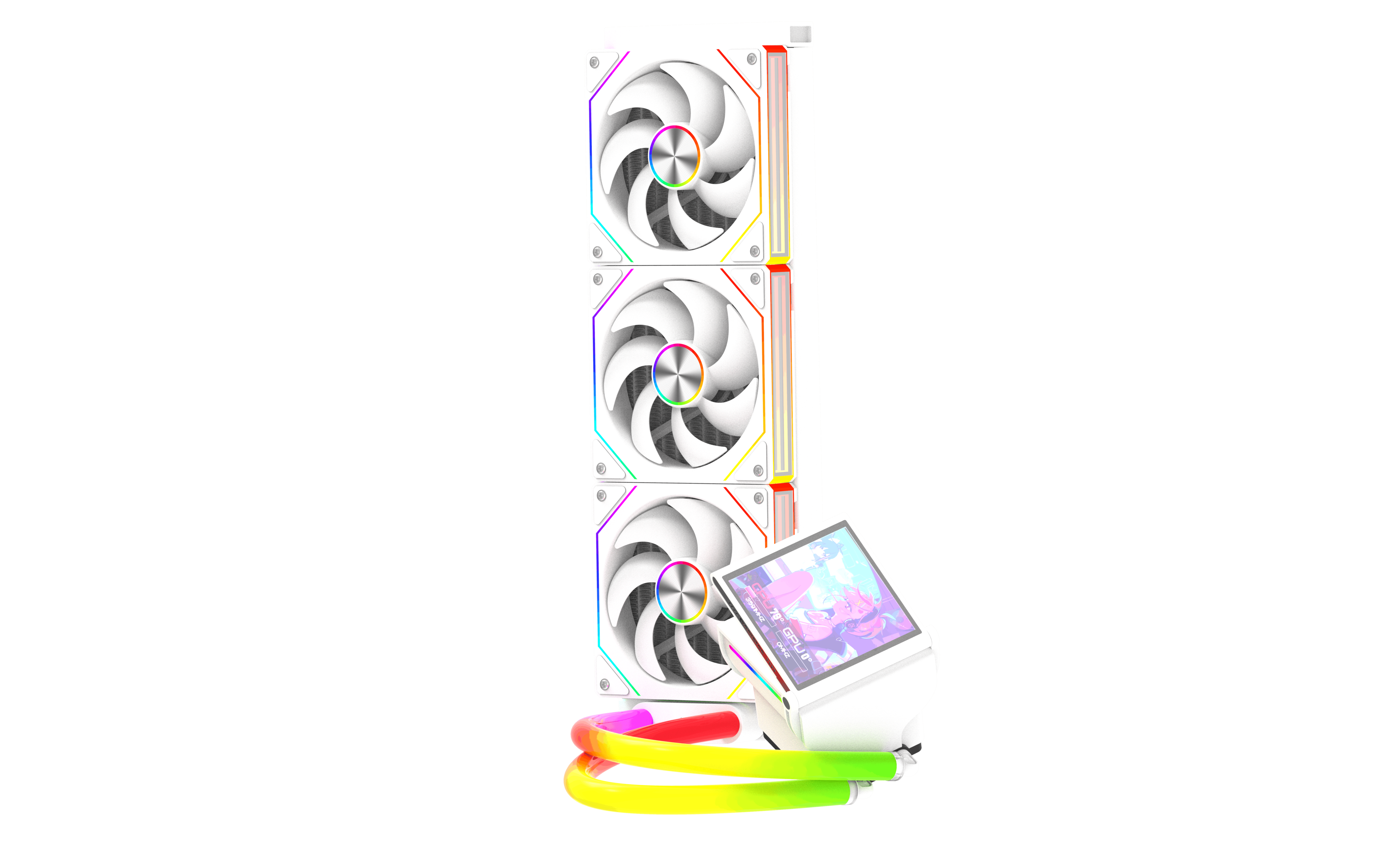 Raffreddatore a liquido bianco per PC con tre ventole RGB e un piccolo display che mostra grafica anime.