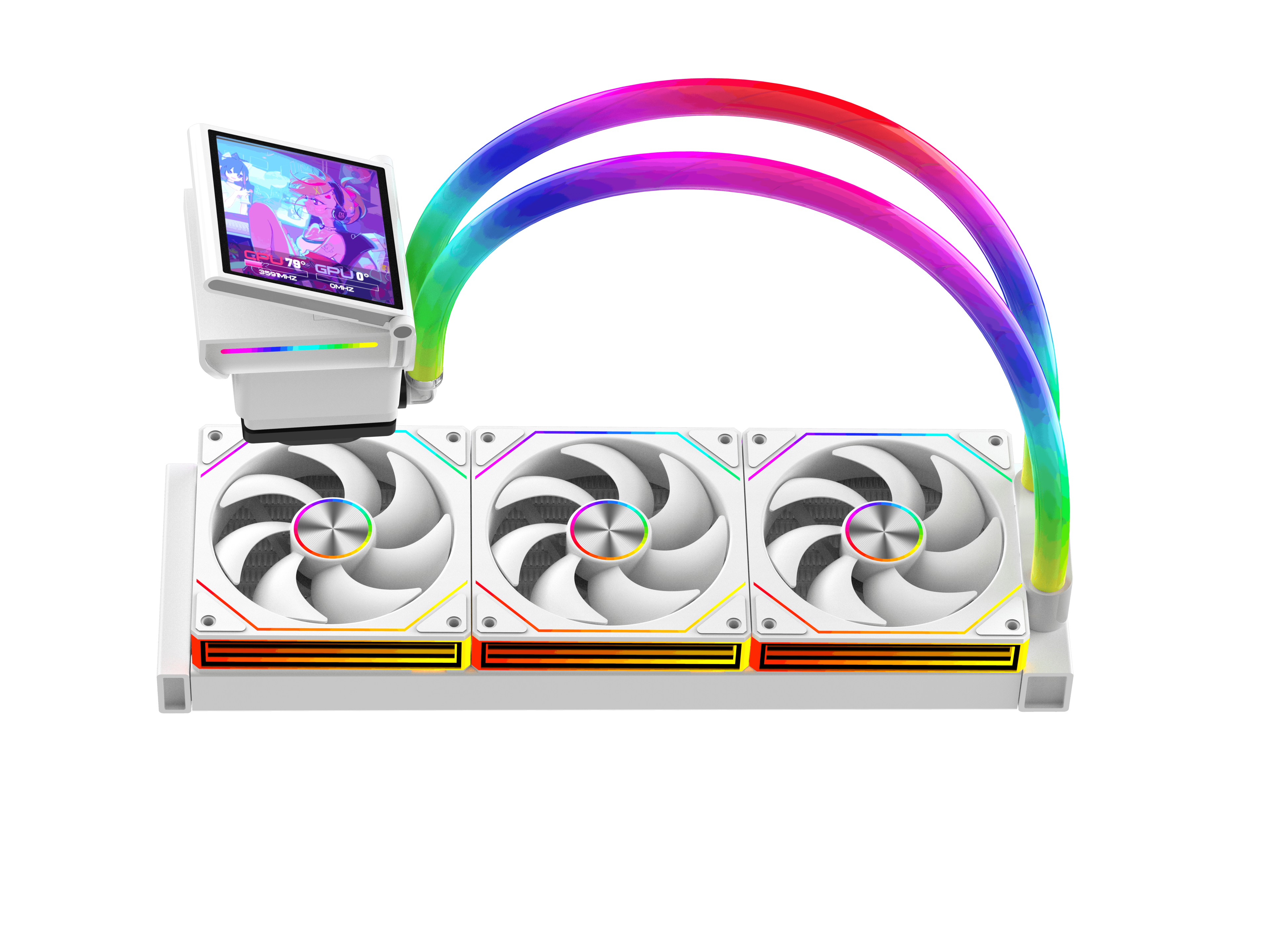 Un raffreddatore ad acqua per PC bianco con tre ventole, tubi RGB colorati e uno schermo con grafica anime.
