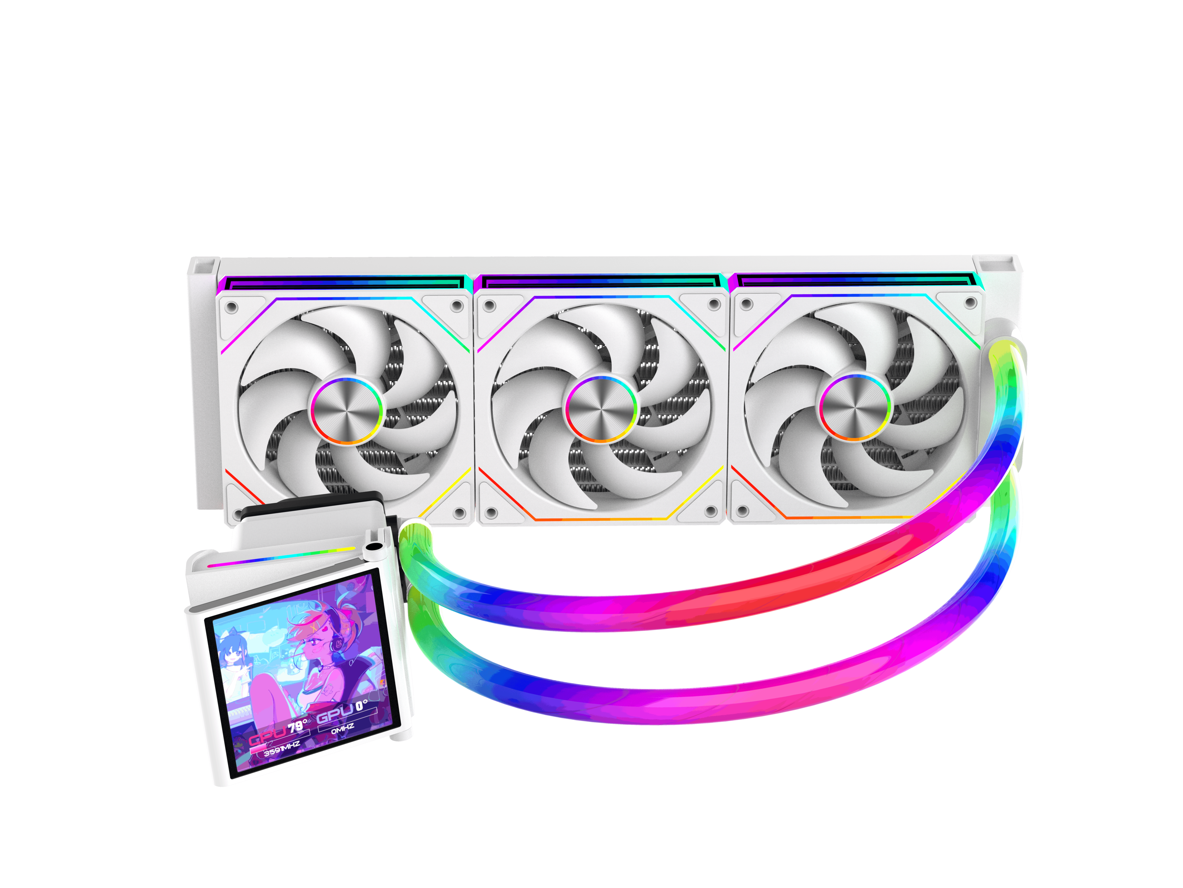 Raffreddatore a liquido bianco per CPU con tre ventole RGB, tubi luminosi e display con grafica anime su sfondo nero.
