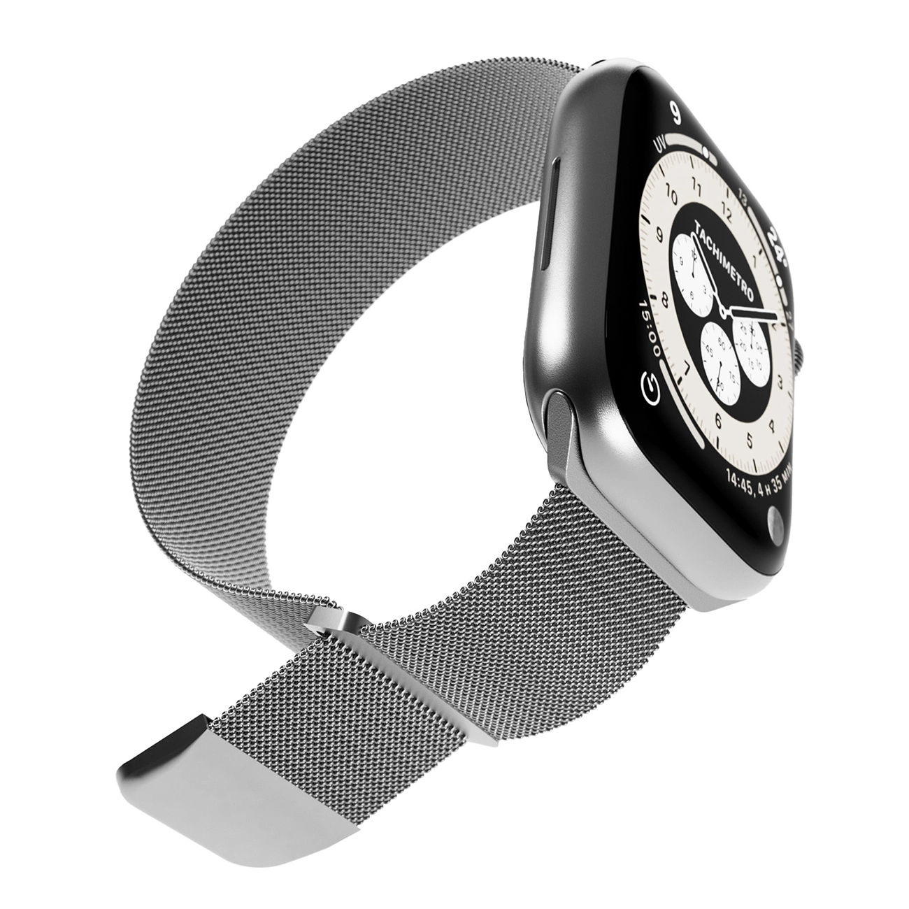 Eine silberne Smartwatch mit schwarzem Zifferblatt und Mailänder Armband vor weißem Hintergrund.