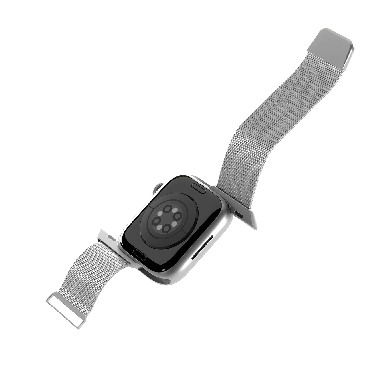 Eine silberne Smartwatch mit Edelstahl-Milanaise-Armband gegen einen weißen Hintergrund.