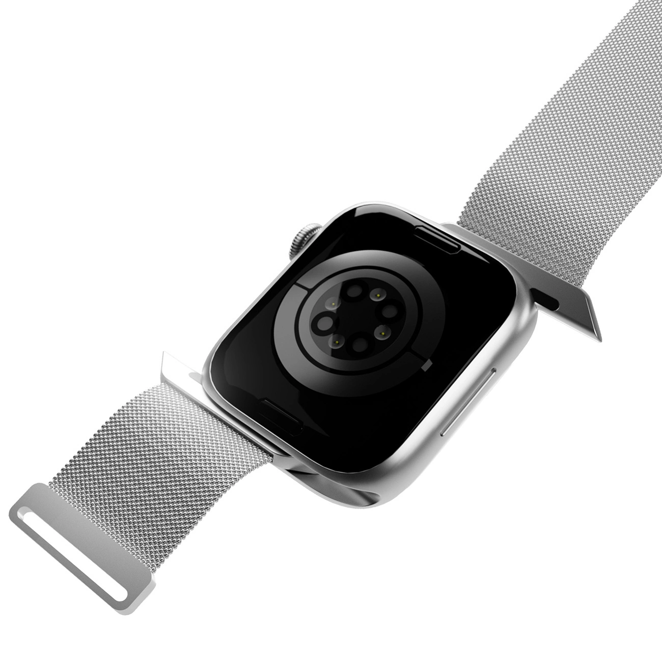 Rückseite einer silbernen Smartwatch mit Metallarmband und Sensoren auf schwarzem Hintergrund.