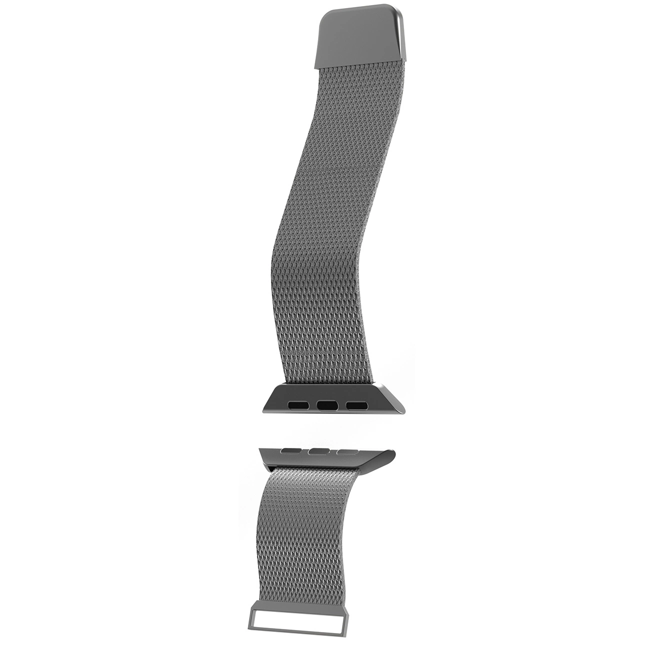 Ein graues Metallnetz-Uhrenarmband, das vor einem weißen Hintergrund in zwei Teile getrennt ist.