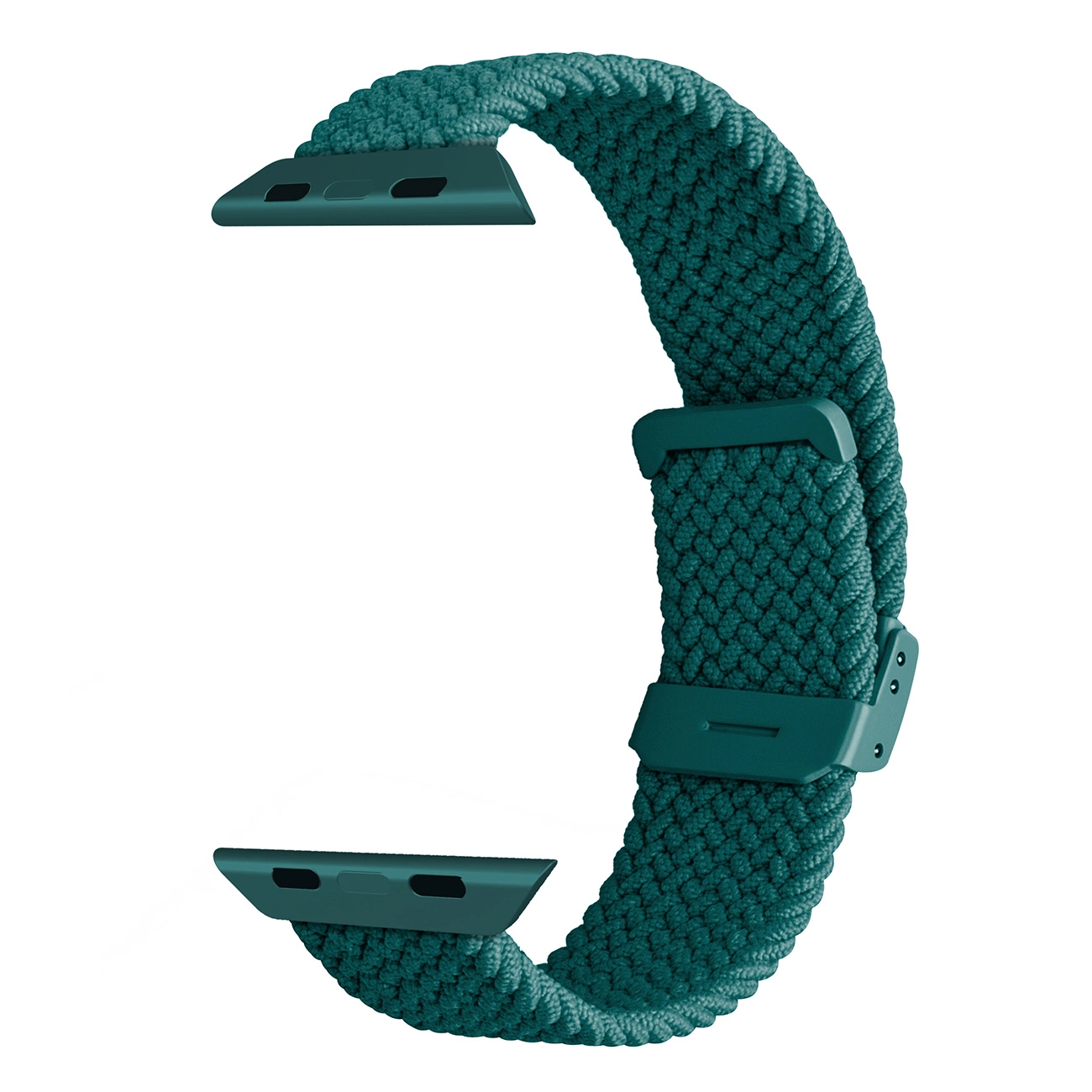 Dunkelgrünes, geflochtenes Smartwatch-Armband mit verstellbaren Metallverschlüssen auf weißem Hintergrund.