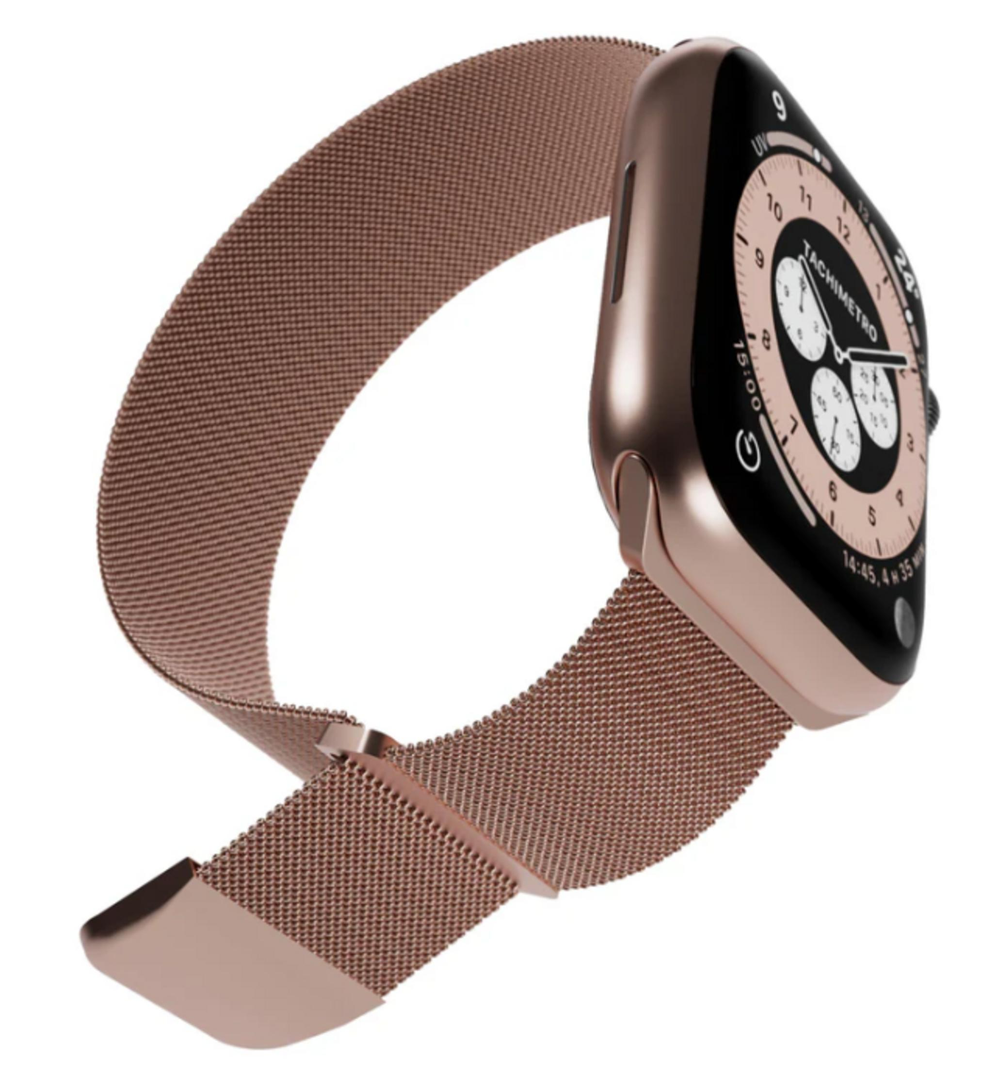 Eine roségoldene Smartwatch mit Metall-Mesh-Armband vor weißem Hintergrund.