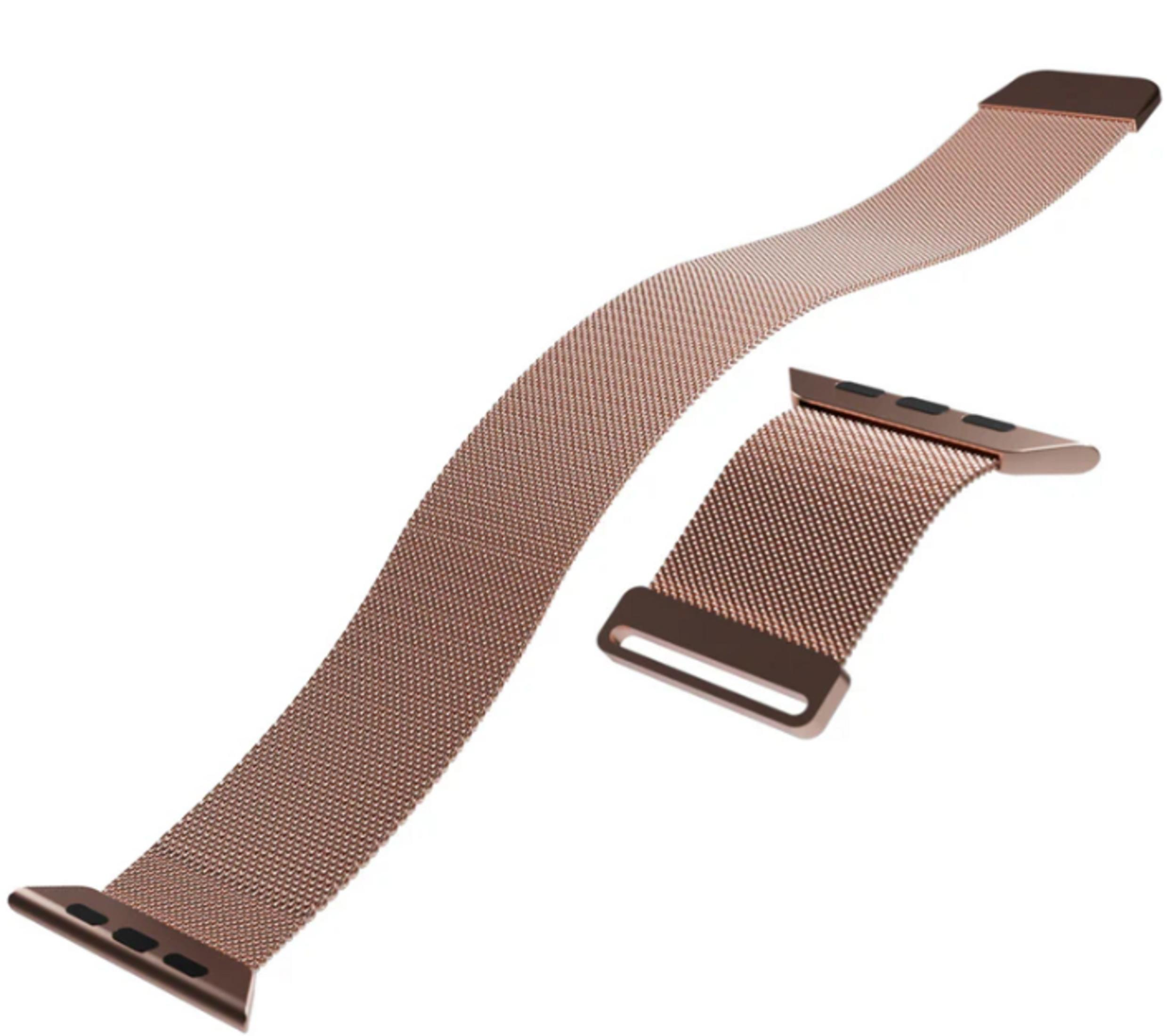 Ein roségoldenes Mailänder Mesh-Smartwatch-Armband in zwei Teilen auf weißem Hintergrund.