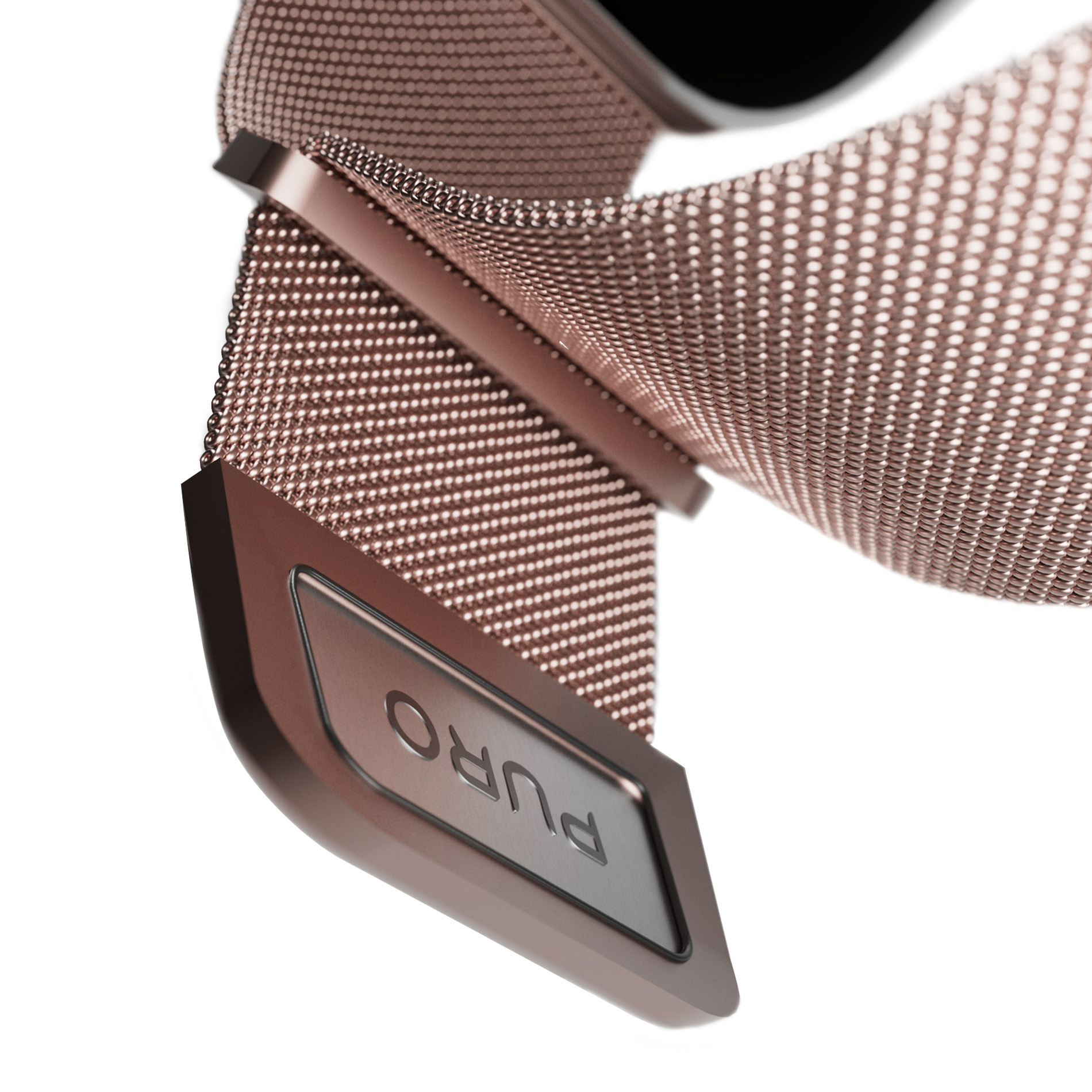 Nahaufnahme eines roségoldenen Mesh-Uhrenarmbands mit dem Markenlogo auf dem Verschluss gegen einen weißen Hintergrund.