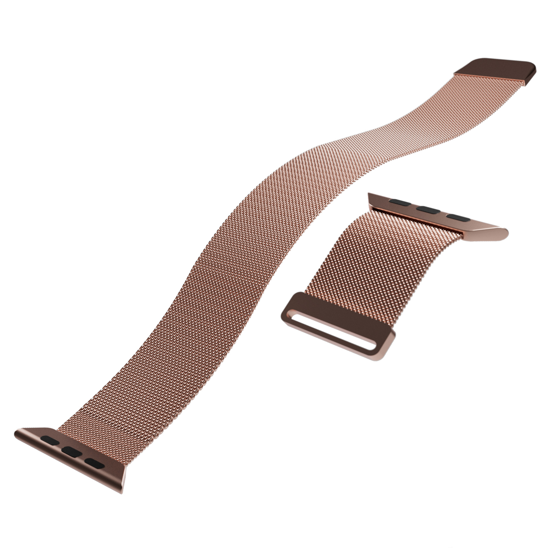 Zwei rosévergoldete Milanaise-Uhrenarmbänder auf weißem Hintergrund.