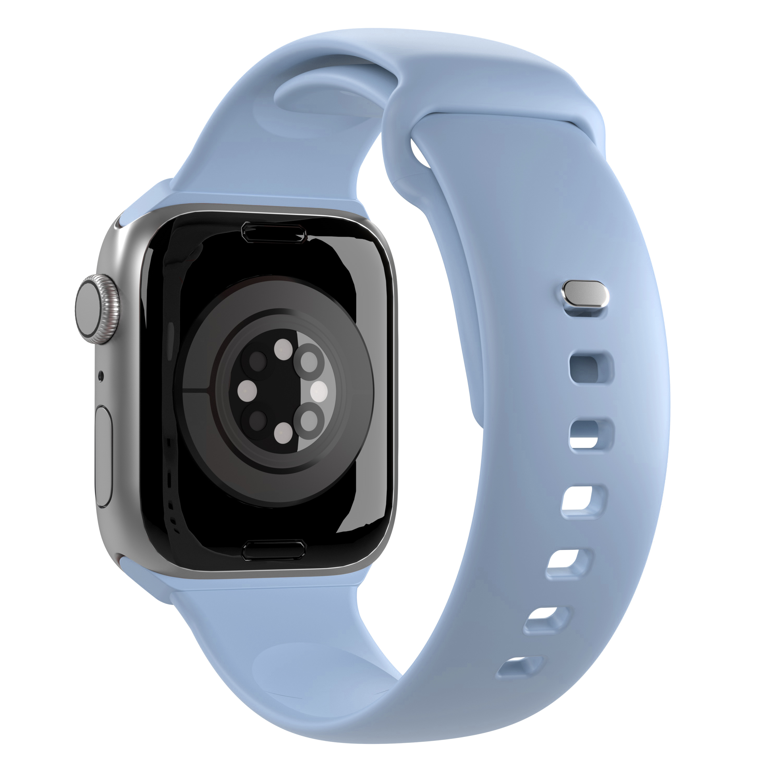 Rückseite einer silbernen Smartwatch mit hellblauem Silikonarmband auf weißem Hintergrund.