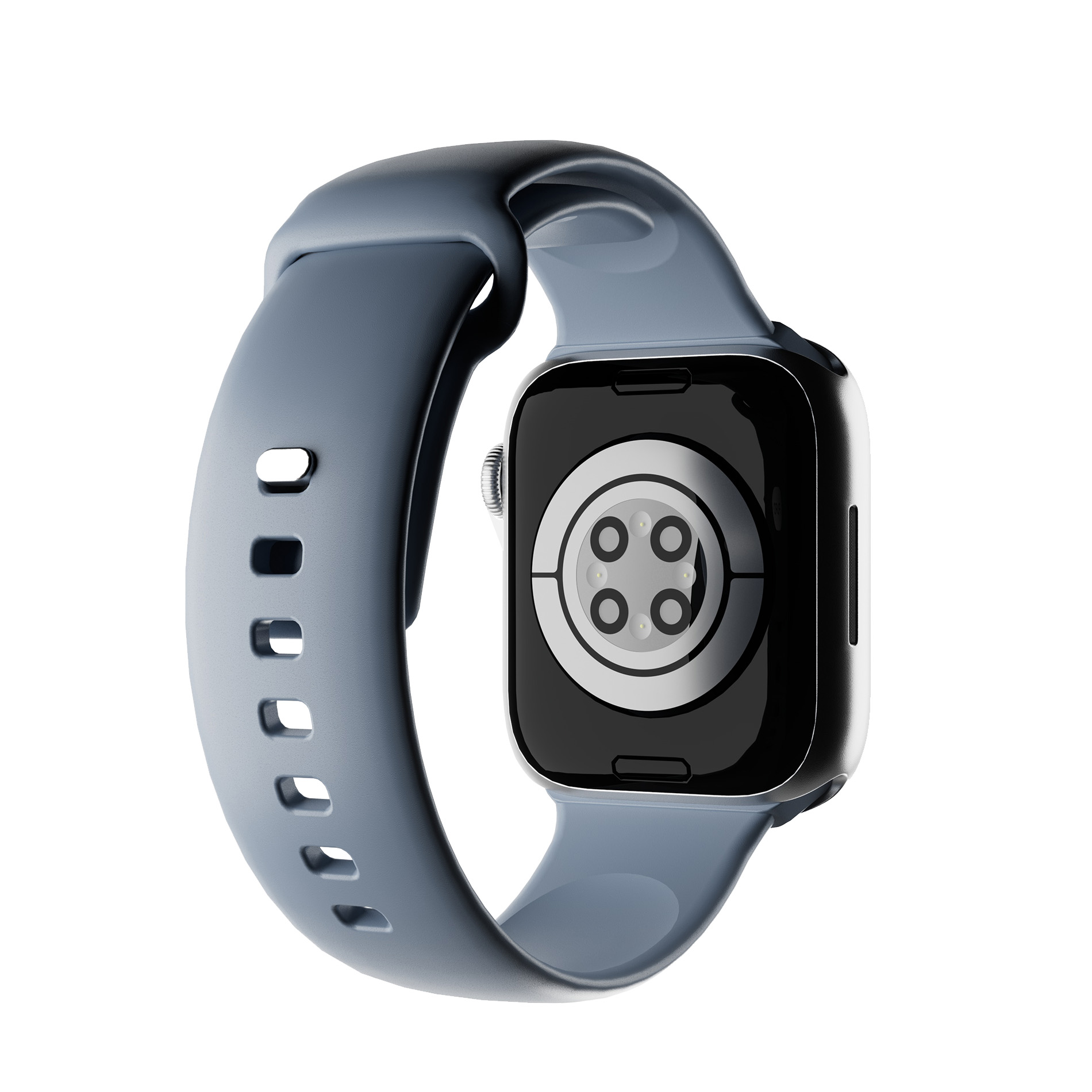 Rückseite einer grauen Smartwatch mit Sensoren auf weißem Hintergrund.