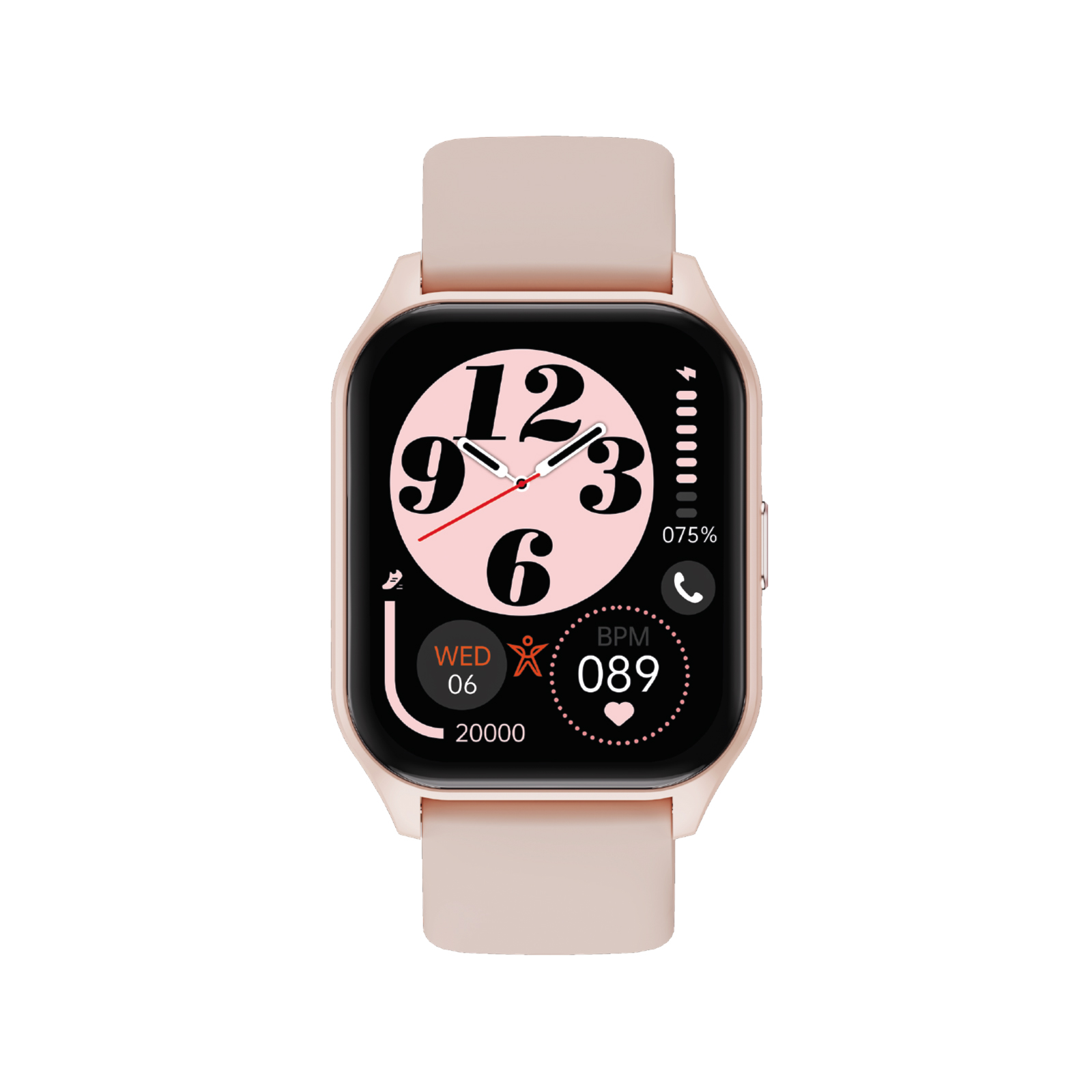 Uno smartwatch rosa con quadrante quadrato mostra ora, frequenza cardiaca e dati di attività su sfondo nero.