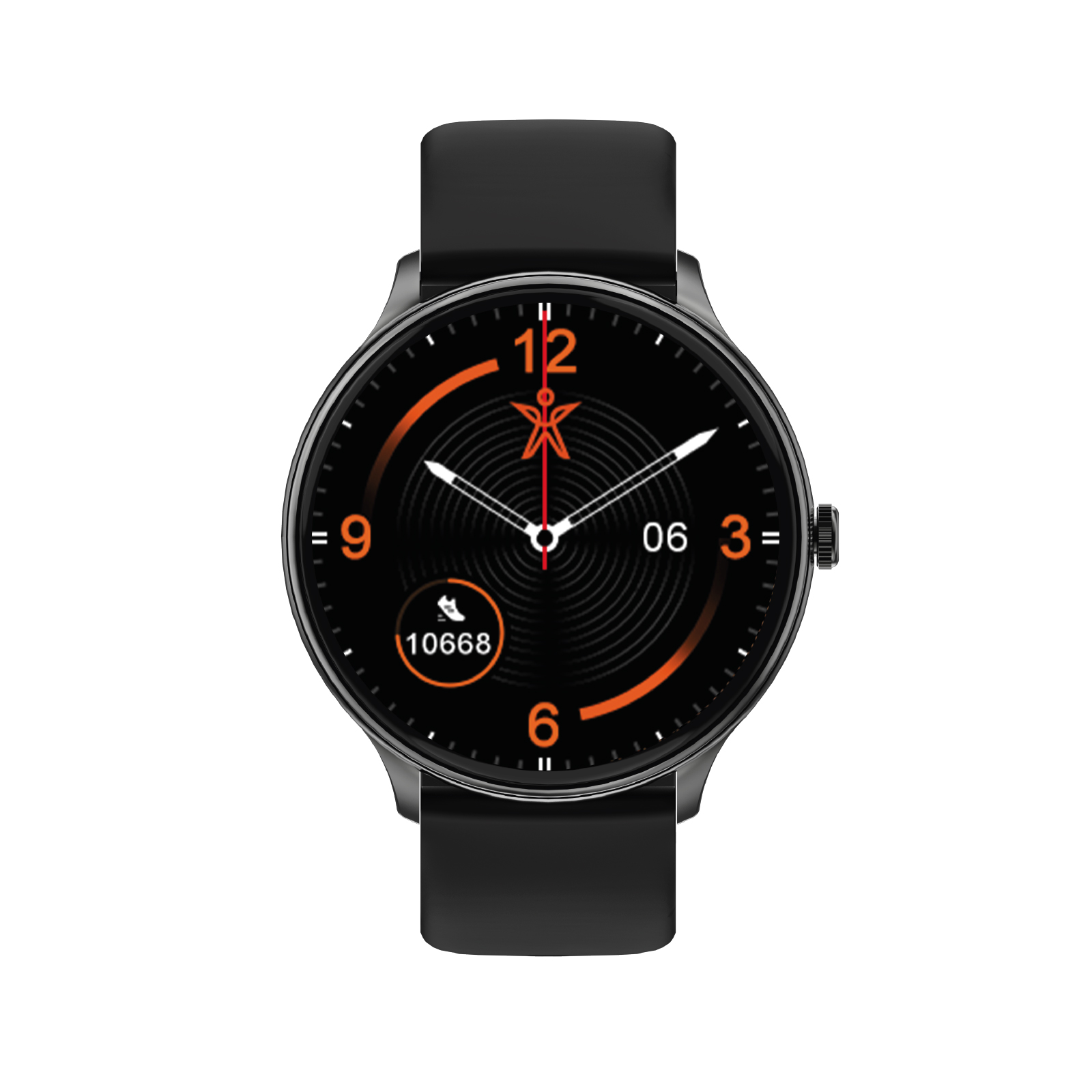 Uno smartwatch nero con quadrante rotondo, numeri arancioni, lancette bianche e contapassi.