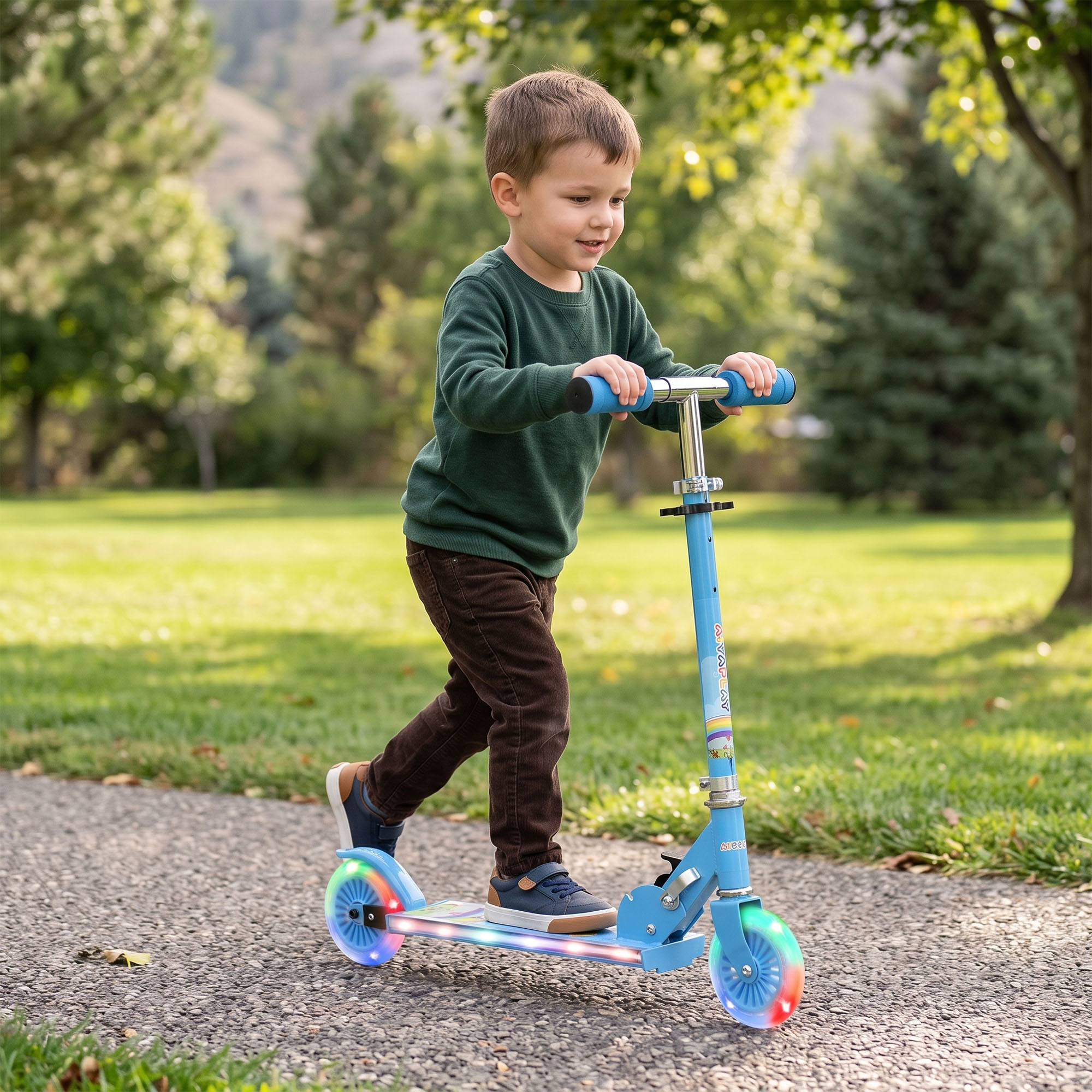 Un niño pequeño monta en un patinete azul con ruedas luminosas en un camino del parque.