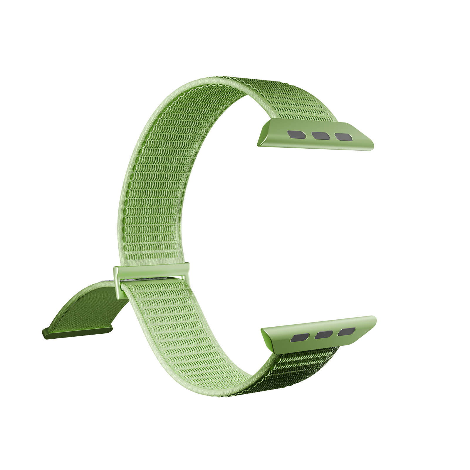 Una correa de reloj inteligente de nailon tejido verde claro con conectores de metal a juego sobre fondo blanco.