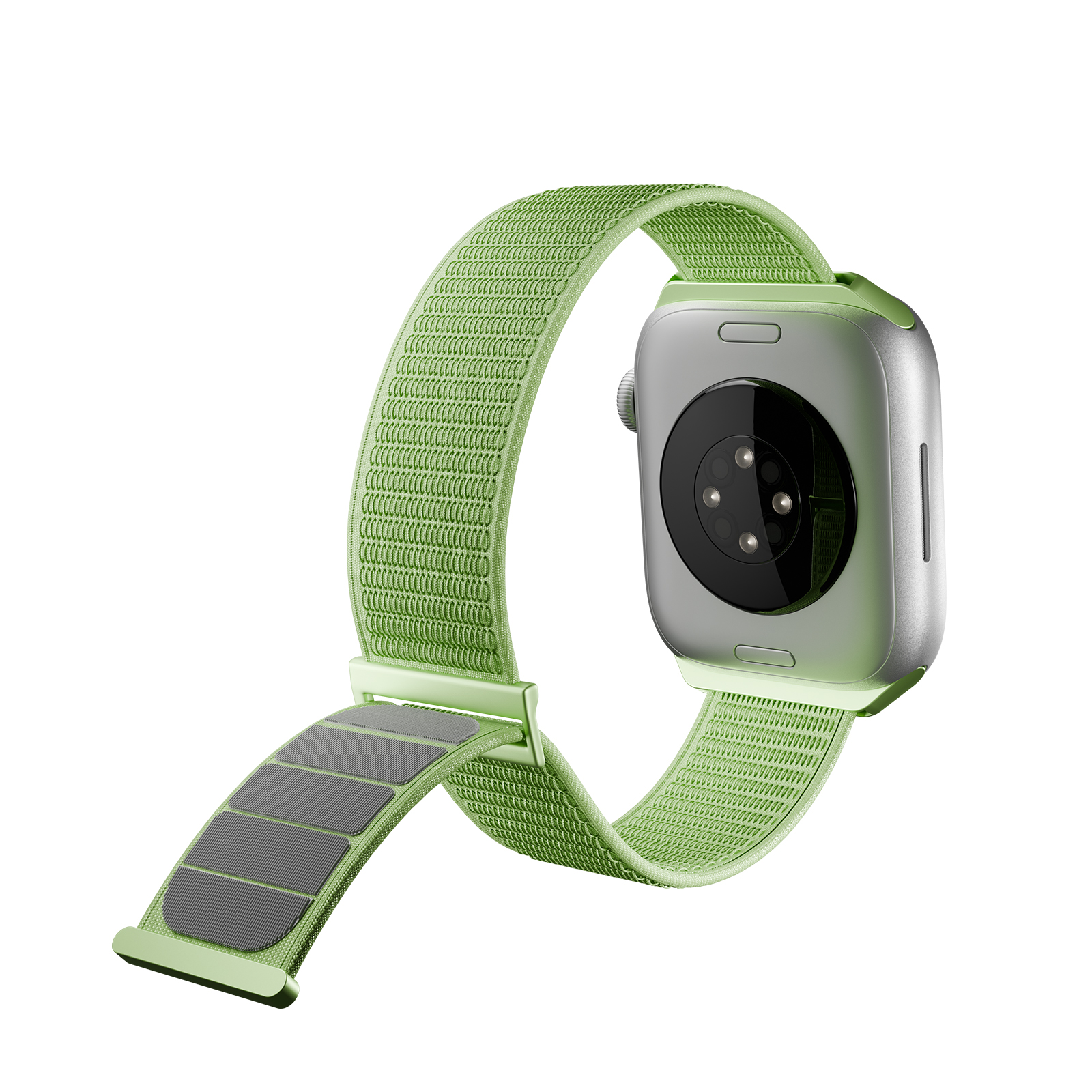 Un reloj inteligente plateado con una correa de nailon verde y sensores en la parte posterior.