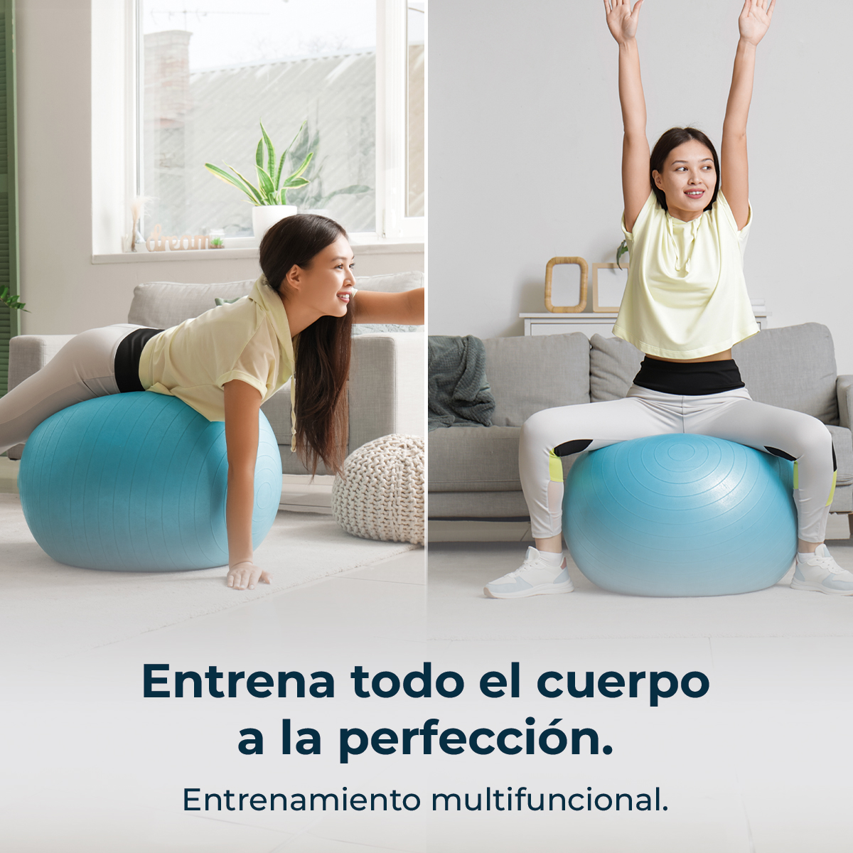 Una mujer hace ejercicio con una pelota de gimnasia azul en una sala luminosa.