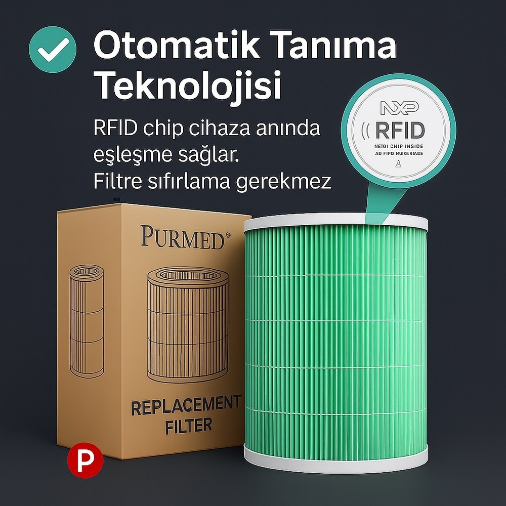 Karton ambalajının yanında RFID çipli bir Purmed yedek hava filtresi.