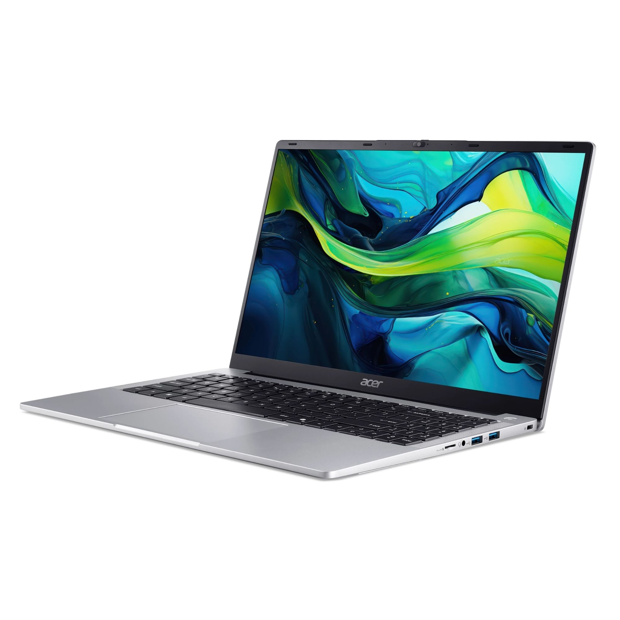 Beyaz arka planda açık ekranlı ve renkli duvar kağıtlı gümüş renkli bir Acer dizüstü bilgisayar.