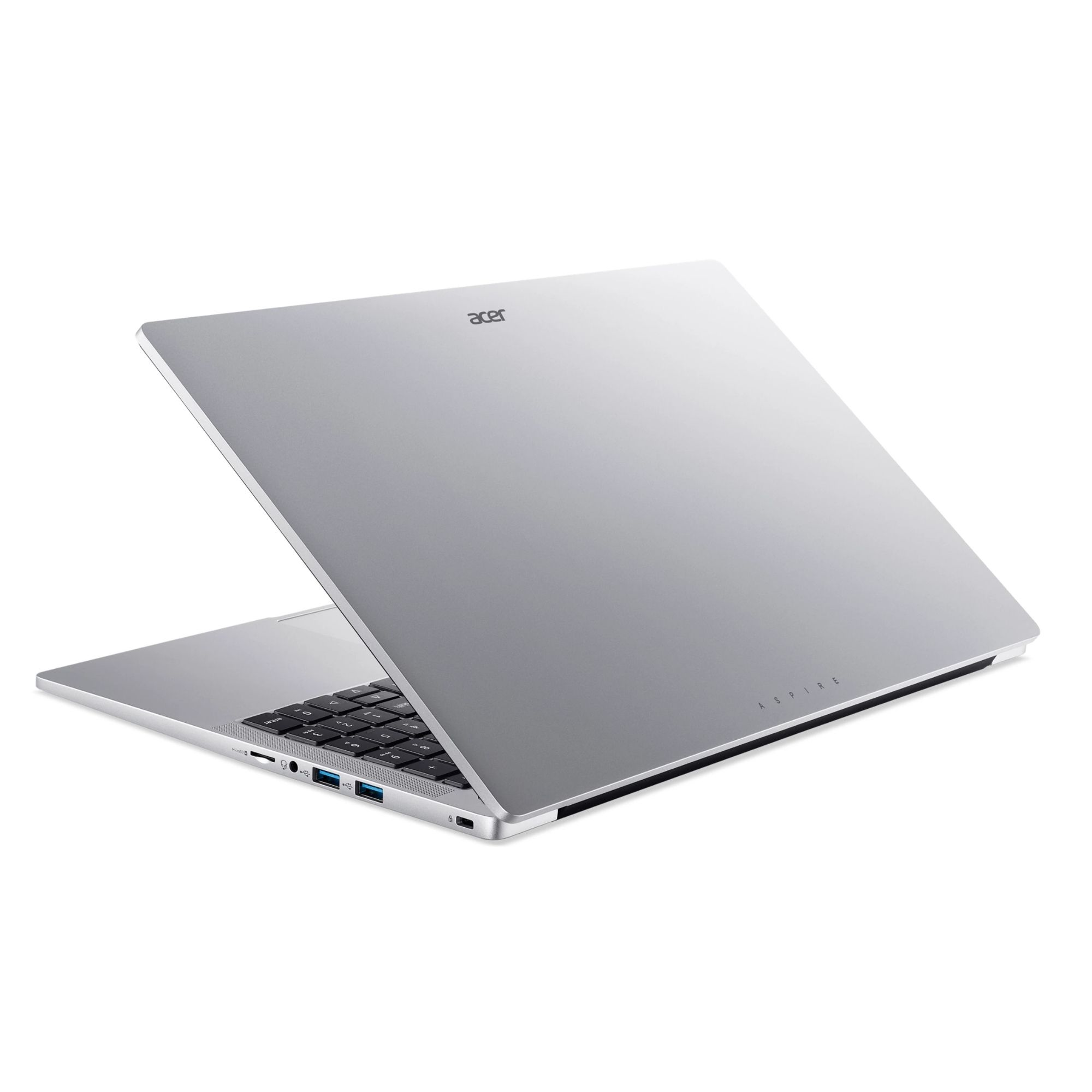 Beyaz bir yüzey üzerinde duran gümüş renkli Acer Aspire dizüstü bilgisayar, yan portları gösteriyor.