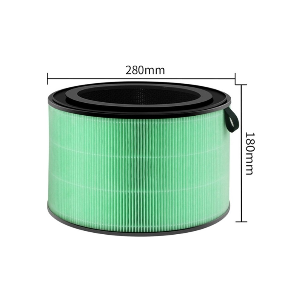 Siyah kenarlı, 280 mm çapında ve 180 mm yüksekliğinde silindirik yeşil hava temizleyici filtresi.