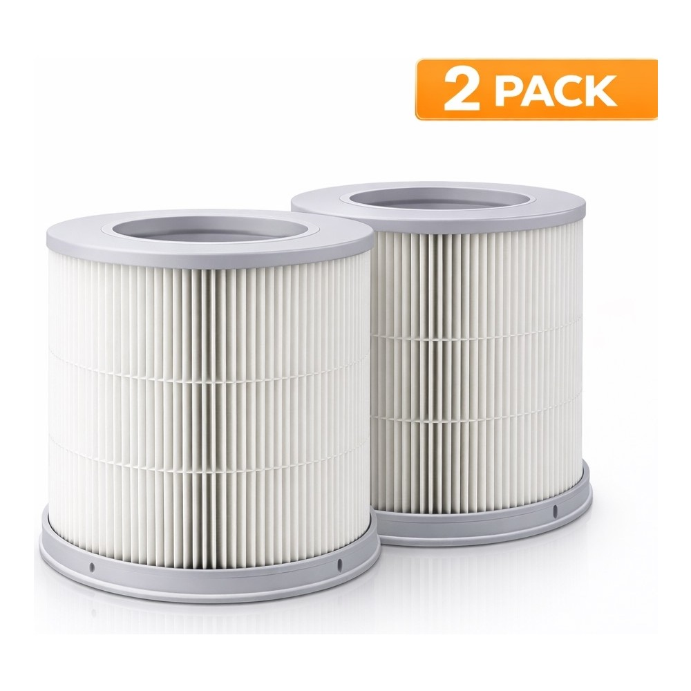 Gri kenarlara ve turuncu "2 PACK" etiketine sahip iki beyaz silindirik hava temizleyici yedek filtresi.