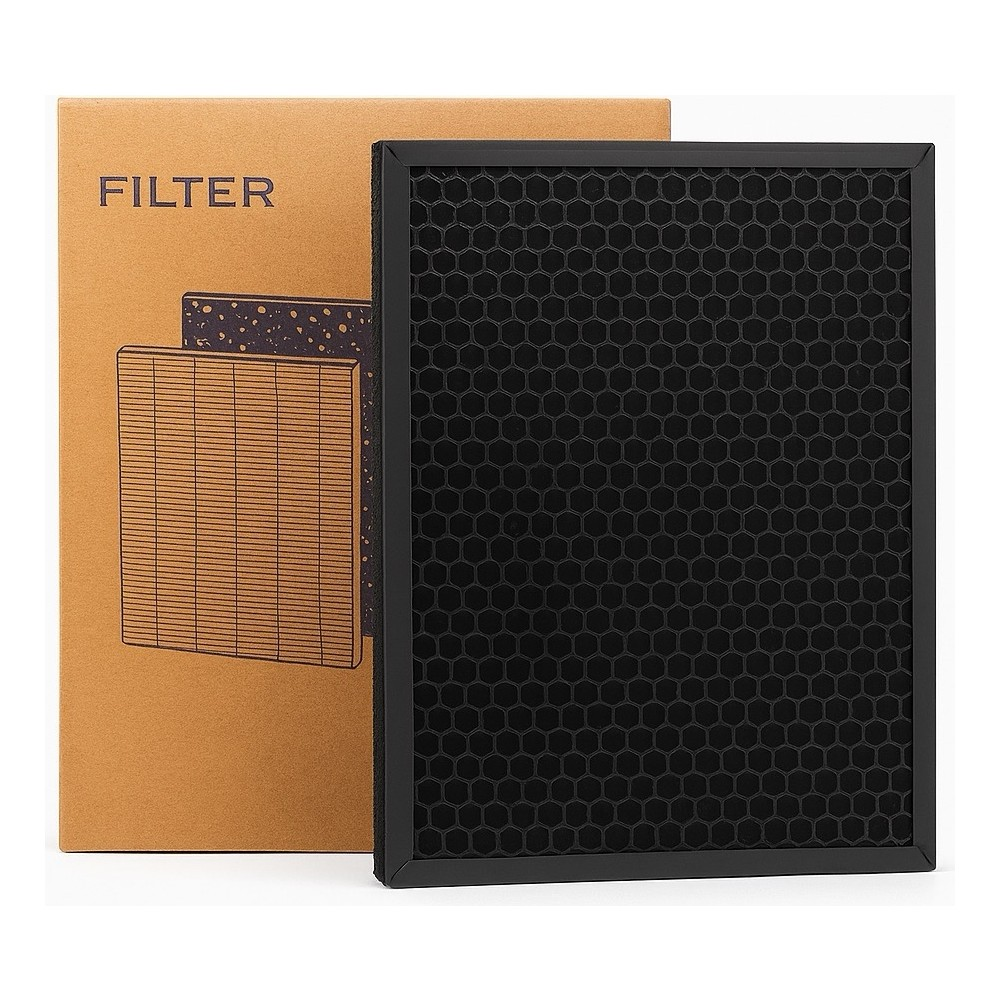 Siyah petek filtre, üzerinde FILTER yazan karton kutusunun önünde duruyor.