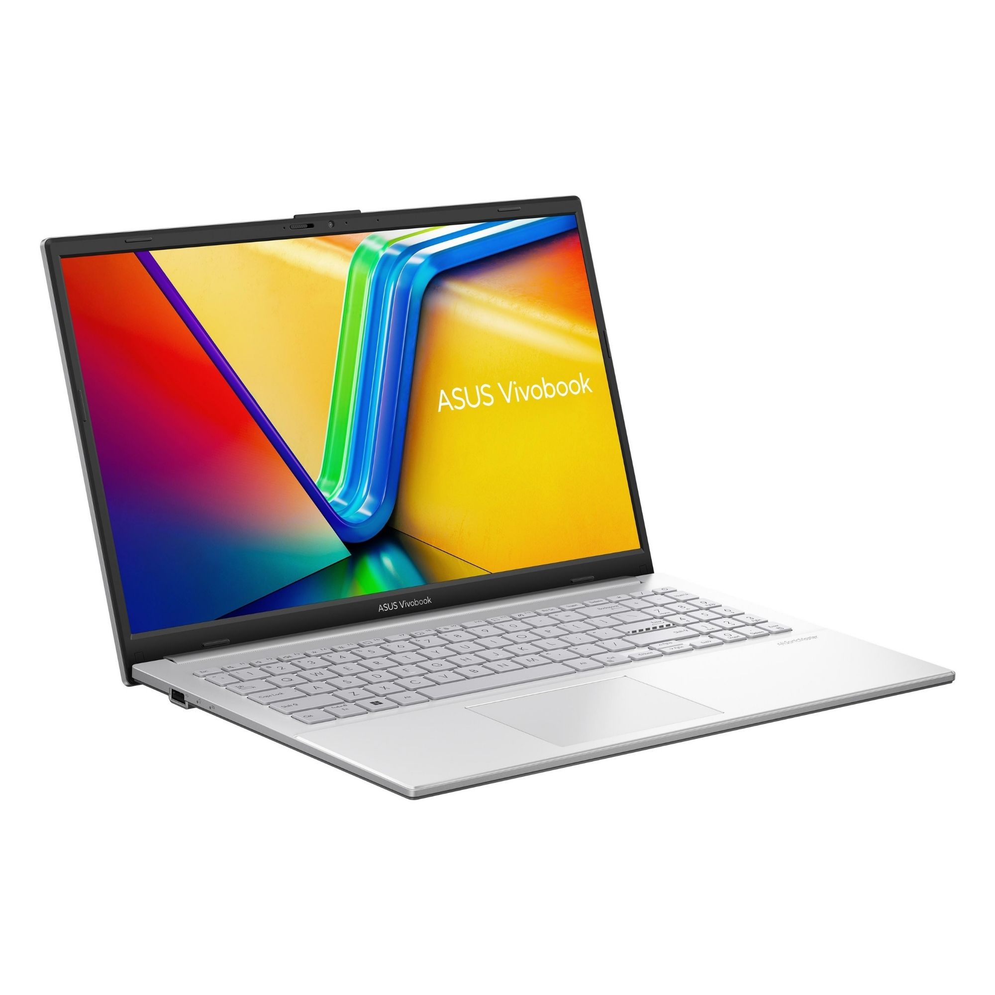 Beyaz arka planda renkli soyut duvar kağıdı gösteren açık gümüş renkli ASUS Vivobook dizüstü bilgisayar.