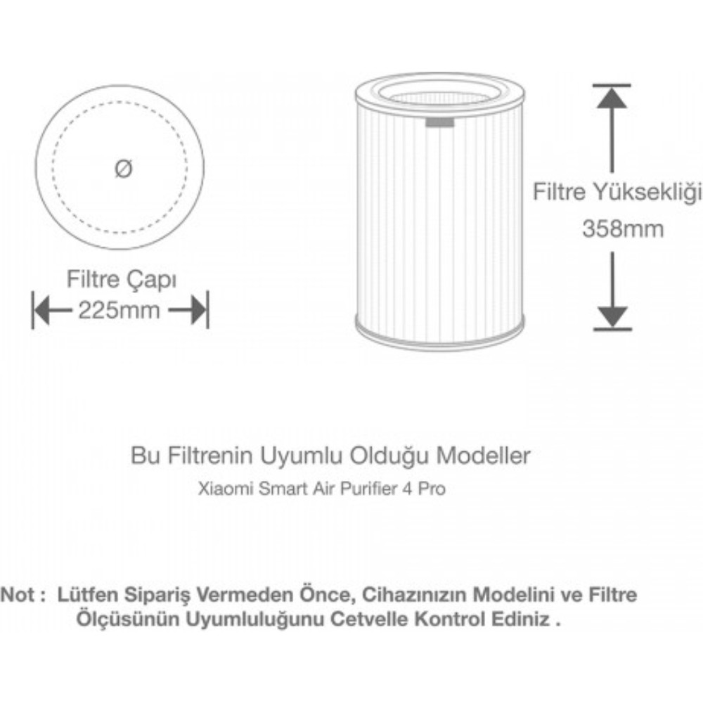 Xiaomi Smart Air Purifier 4 Pro için 225mm çap ve 358mm yükseklikte silindirik filtre şeması.