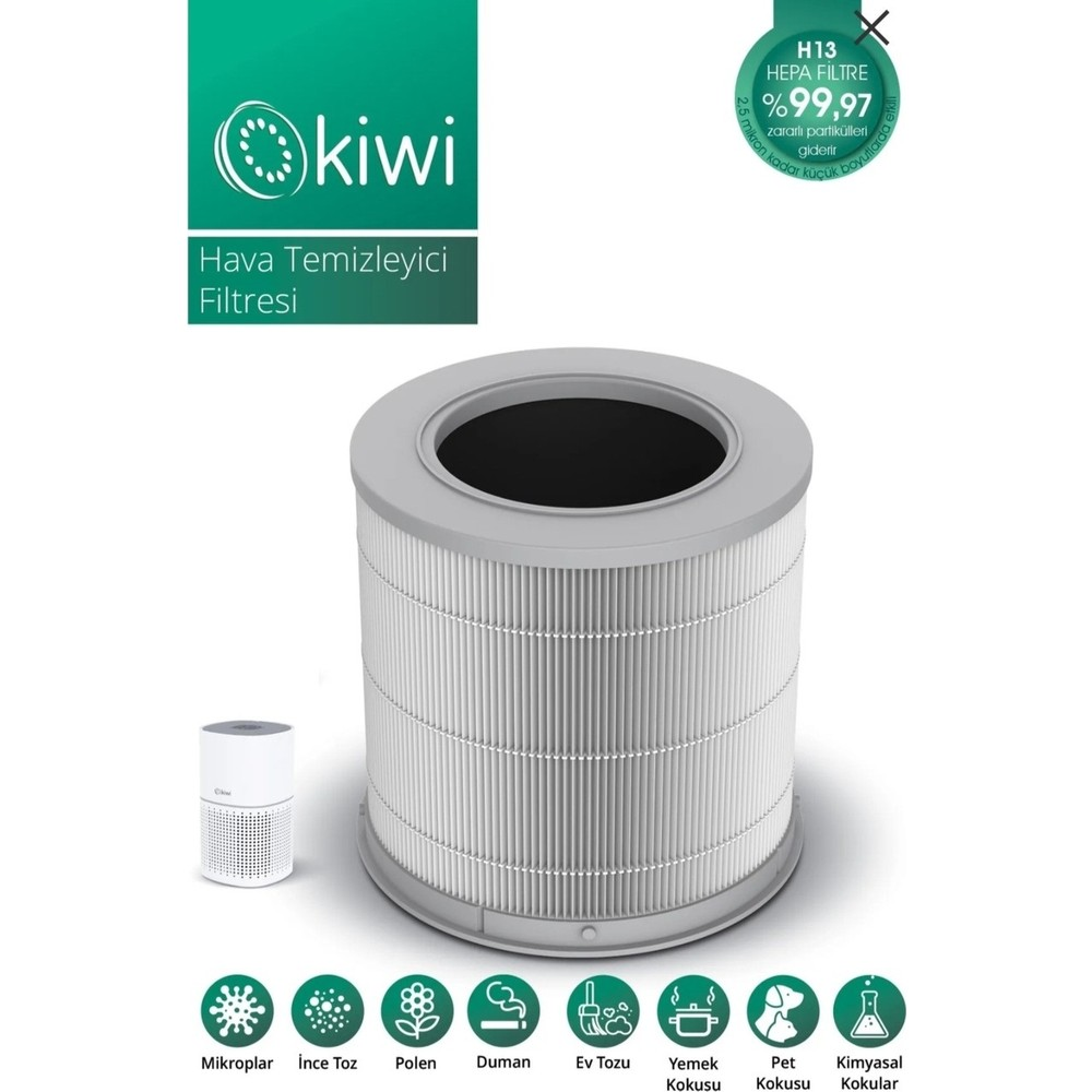 Kiwi logolu ve H13 HEPA filtre etiketli gri silindirik hava temizleyici filtresi.