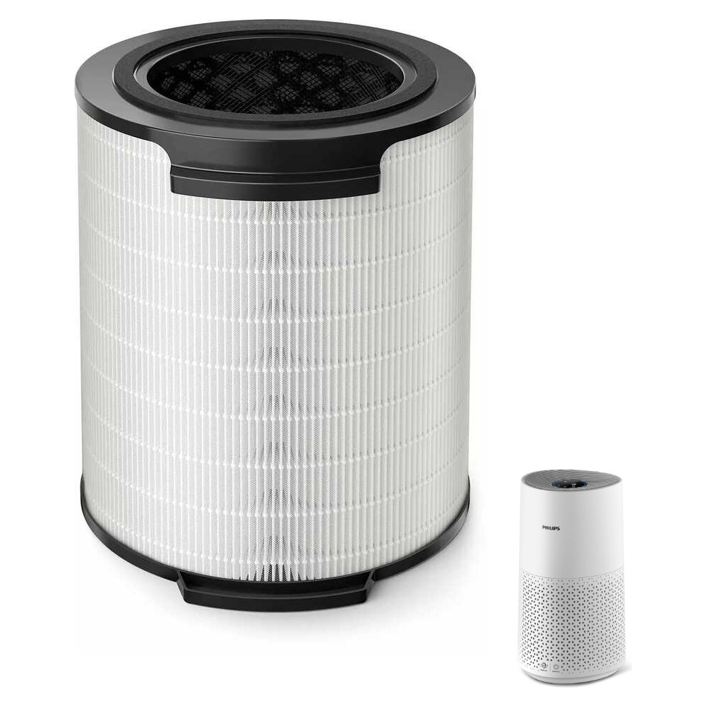 Beyaz arkaplanda, siyah kenarlı büyük beyaz yedek filtre ve yanında daha küçük beyaz bir Philips hava temizleyici.