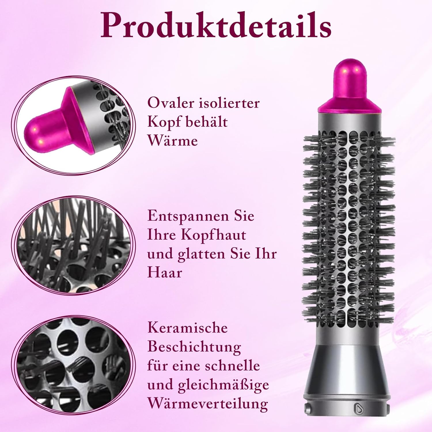 Infografik mit den Produktdetails einer Warmluftbürste mit Keramikbeschichtung und isoliertem Kopf.