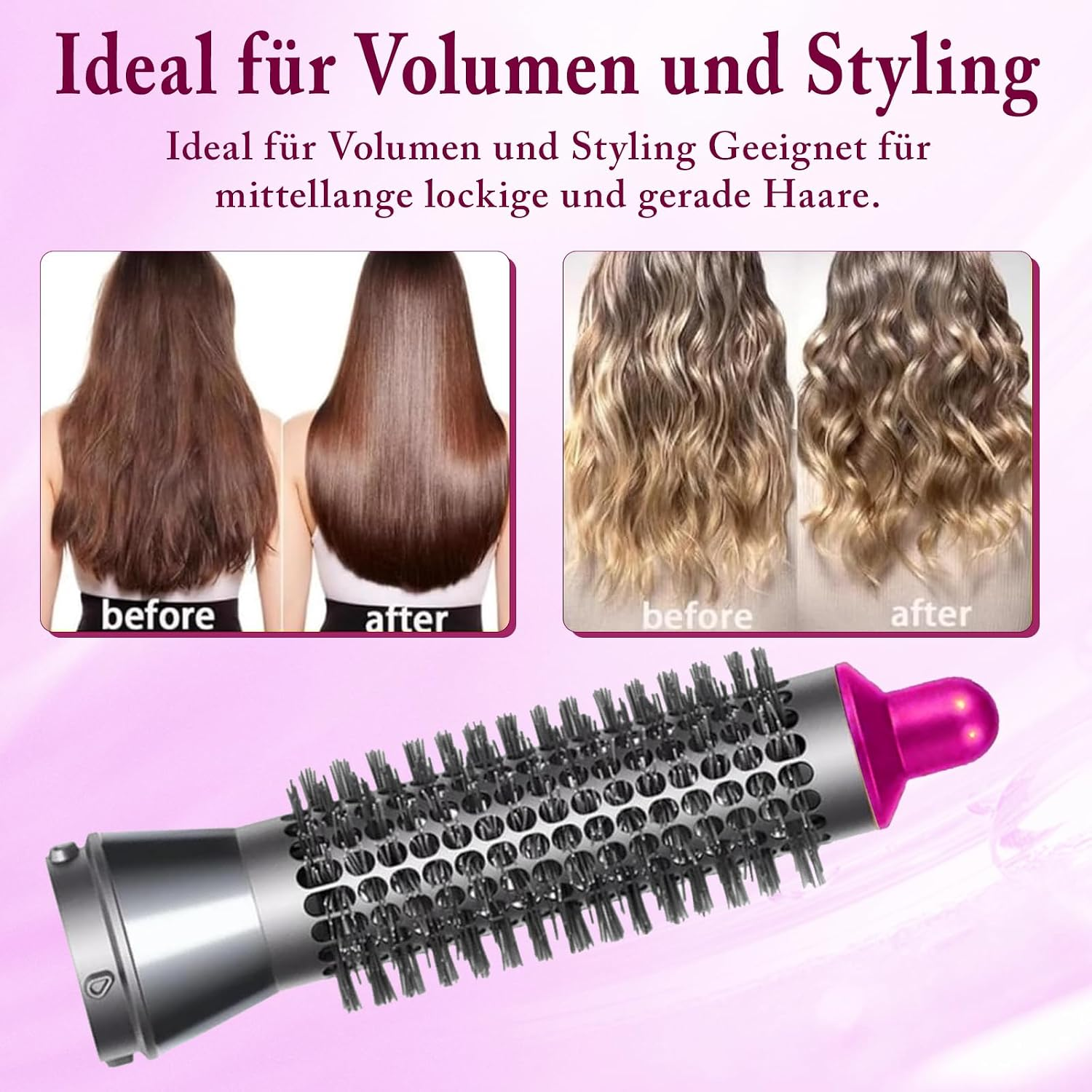 Haarstyling-Aufsatz mit Borsten und vor-nachher Bildern von glattem und lockigem Haar.