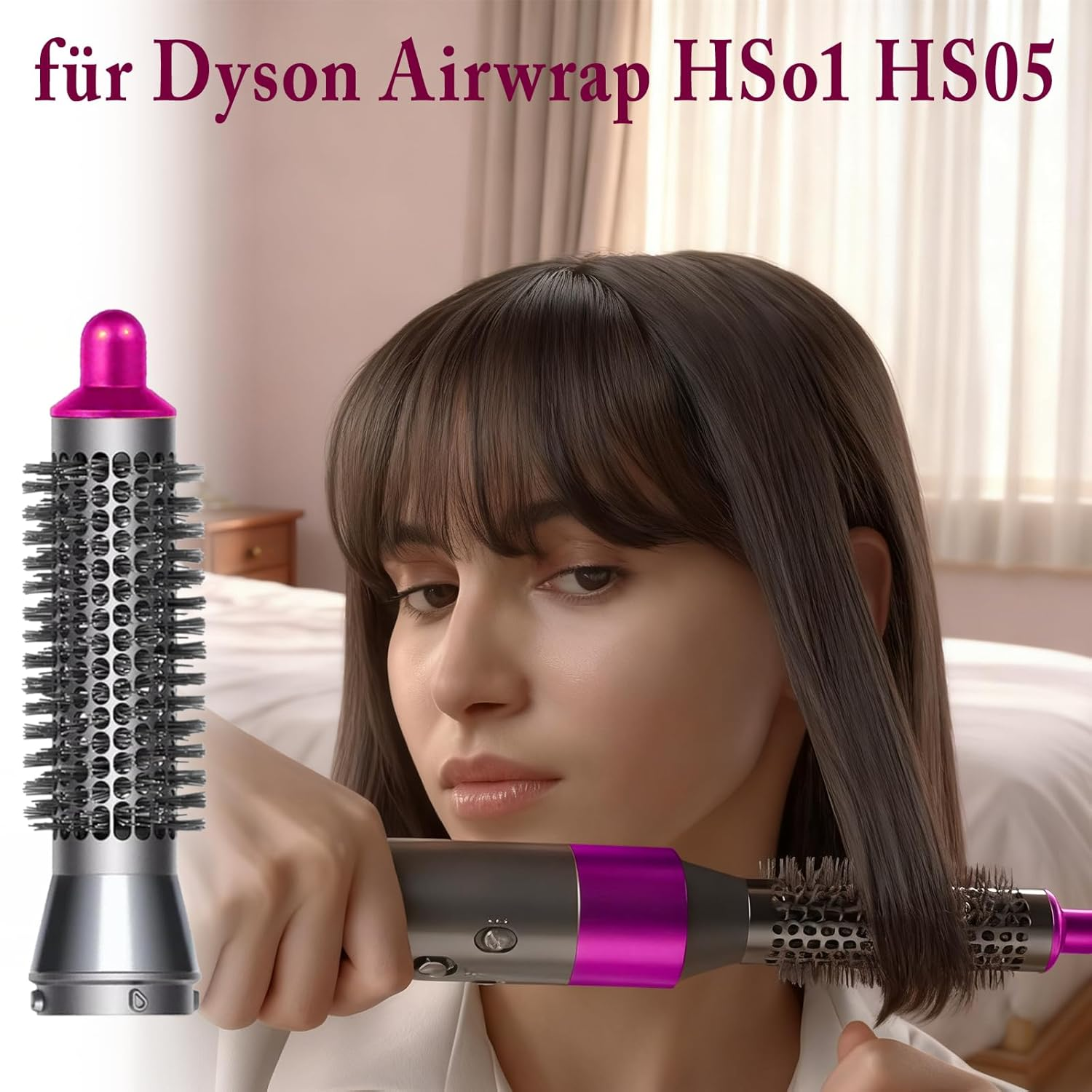 Eine Frau stylt ihre Haare mit einem grauen und pinken Dyson Airwrap Styler in einem Schlafzimmer.