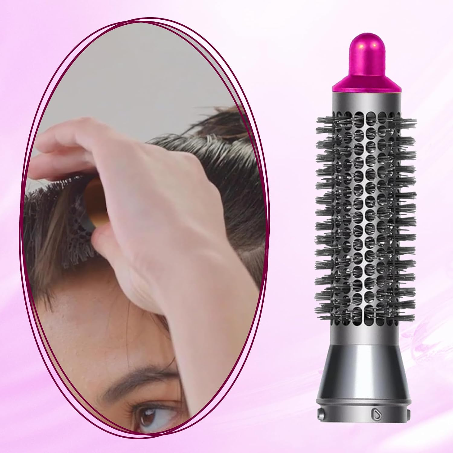 Eine Hand benutzt eine zylindrische Haarbürste, daneben ist die Bürste freigestellt zu sehen.