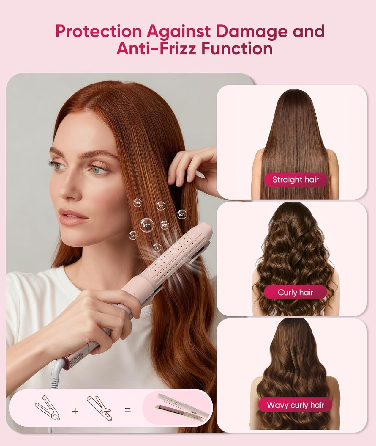 Frau verwendet einen rosa Haarglätter, mit Insets für glattes, lockiges und welliges Haar.