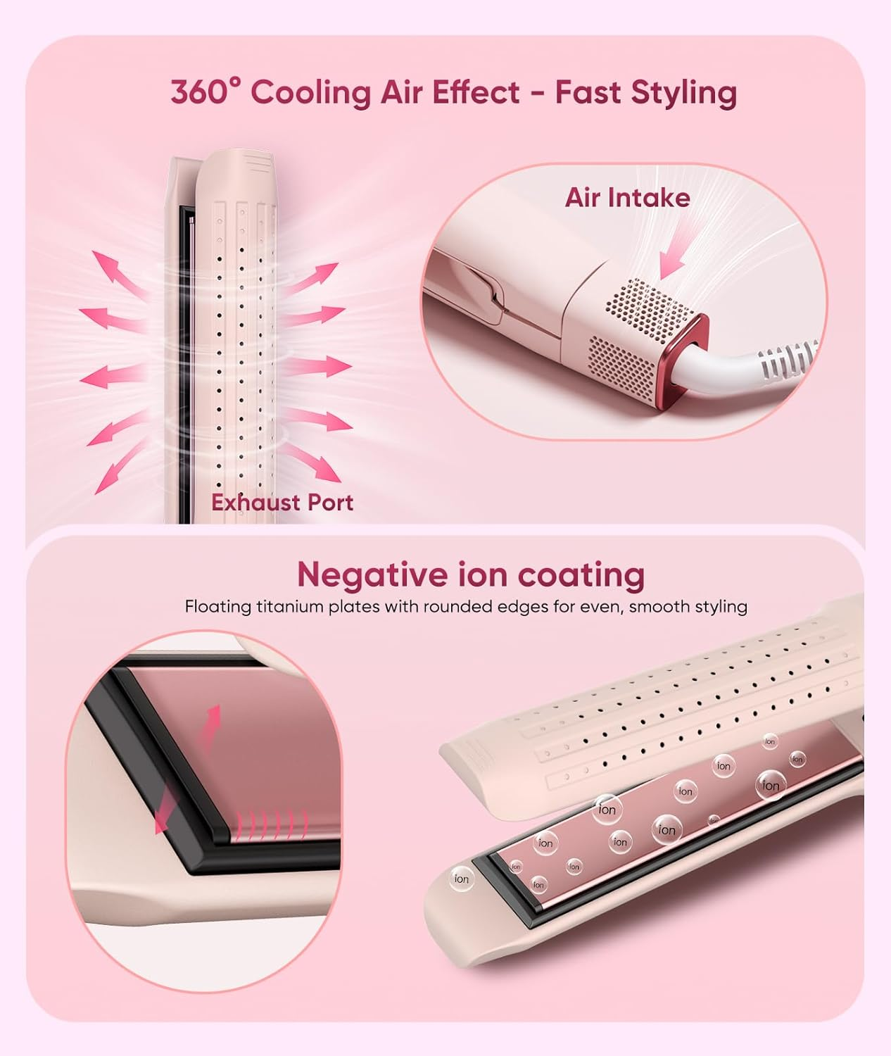 Rosa Haarstyling-Infografik mit Kühl-Luft-Effekt, Lufteinlass, Auslass und negativer Ionenbeschichtung.
