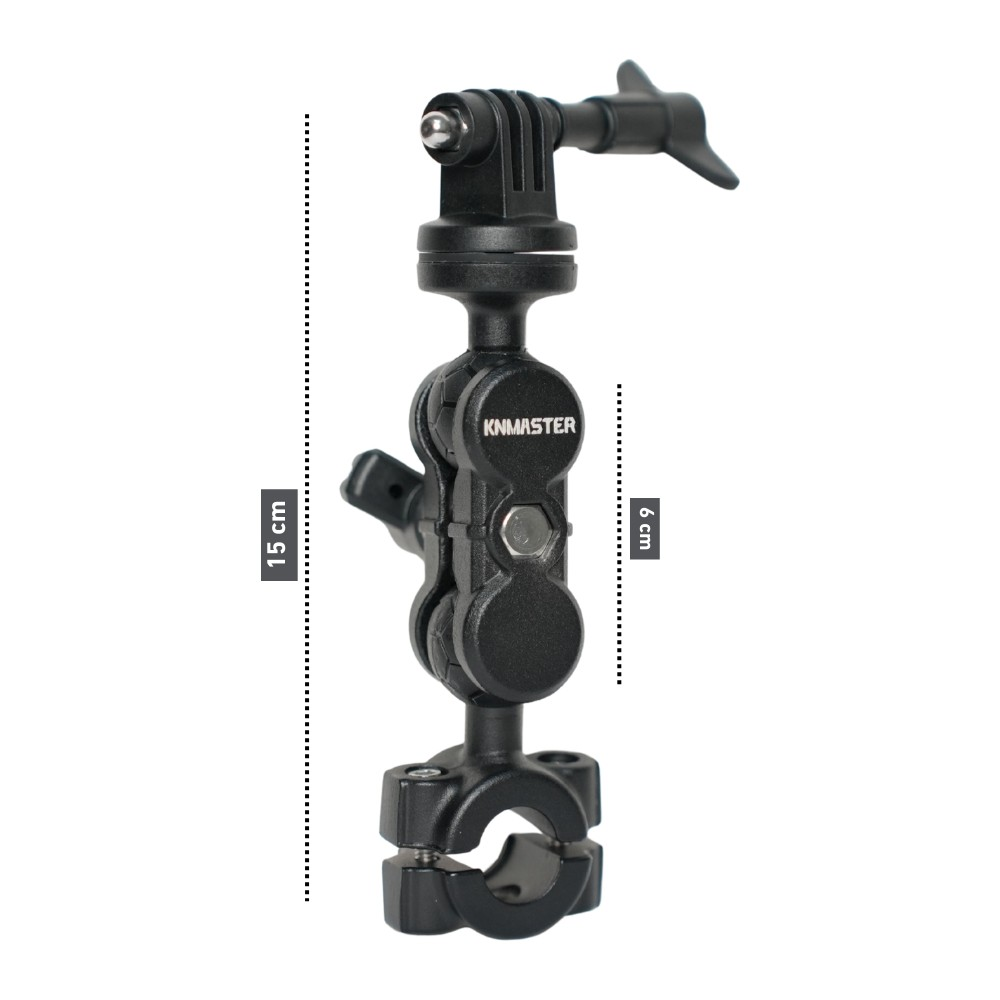 Top eklemli ve gidon kelepçeli siyah Knmaster montaj kolu, 15 cm ve 6 cm ölçülerinde.