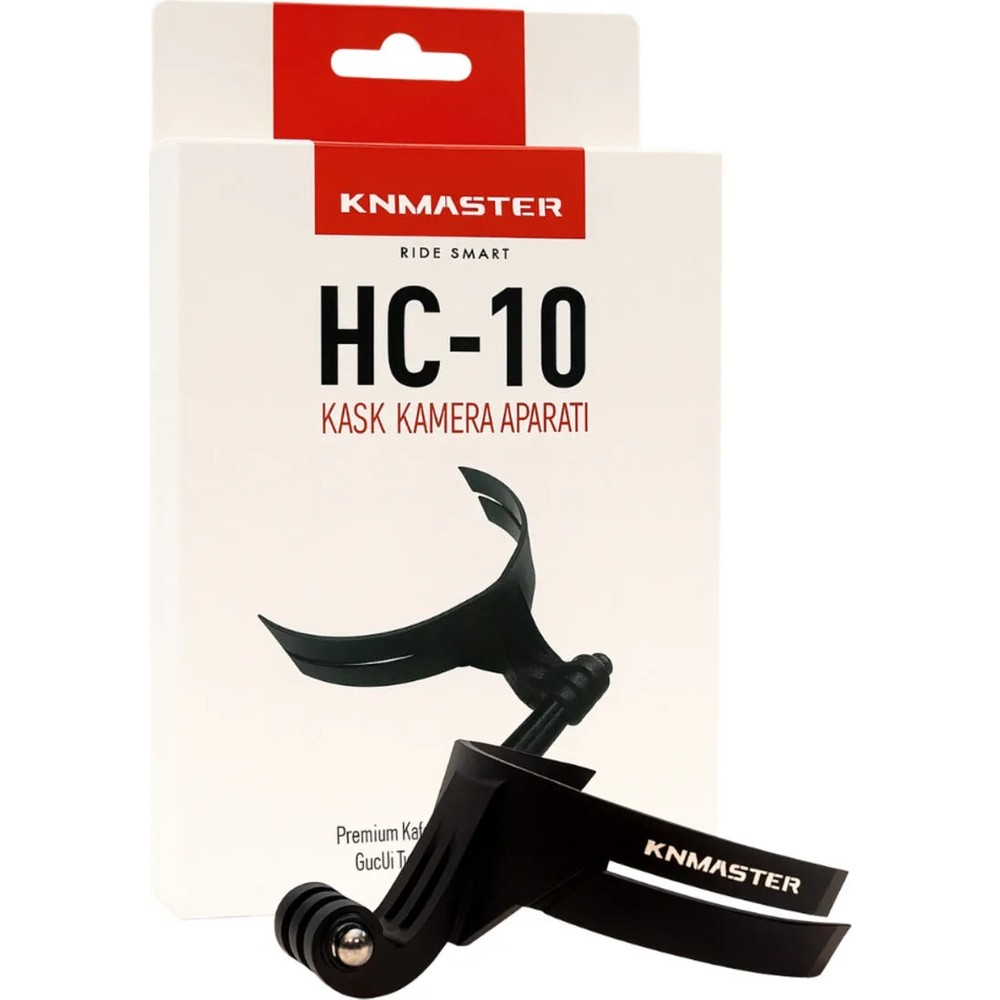 KNMASTER HC-10 yazılı beyaz ve kırmızı ürün kutusunun önünde siyah kask kamera aparatı.