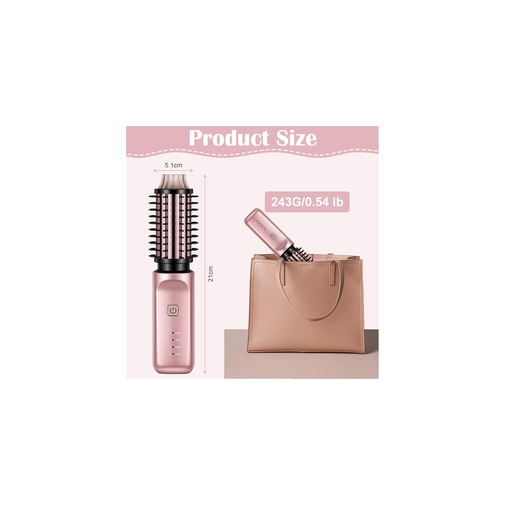 Produktgröße und Maße einer rosa Haarbürste, die in eine Tasche passt.