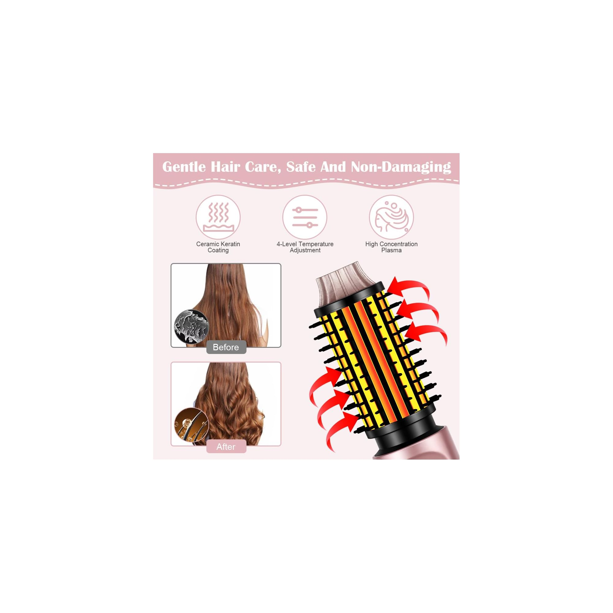 Werbebild für Haarstylingbürste mit Keramikbeschichtung, Vorher-Nachher-Vergleich und Temperaturregelung.