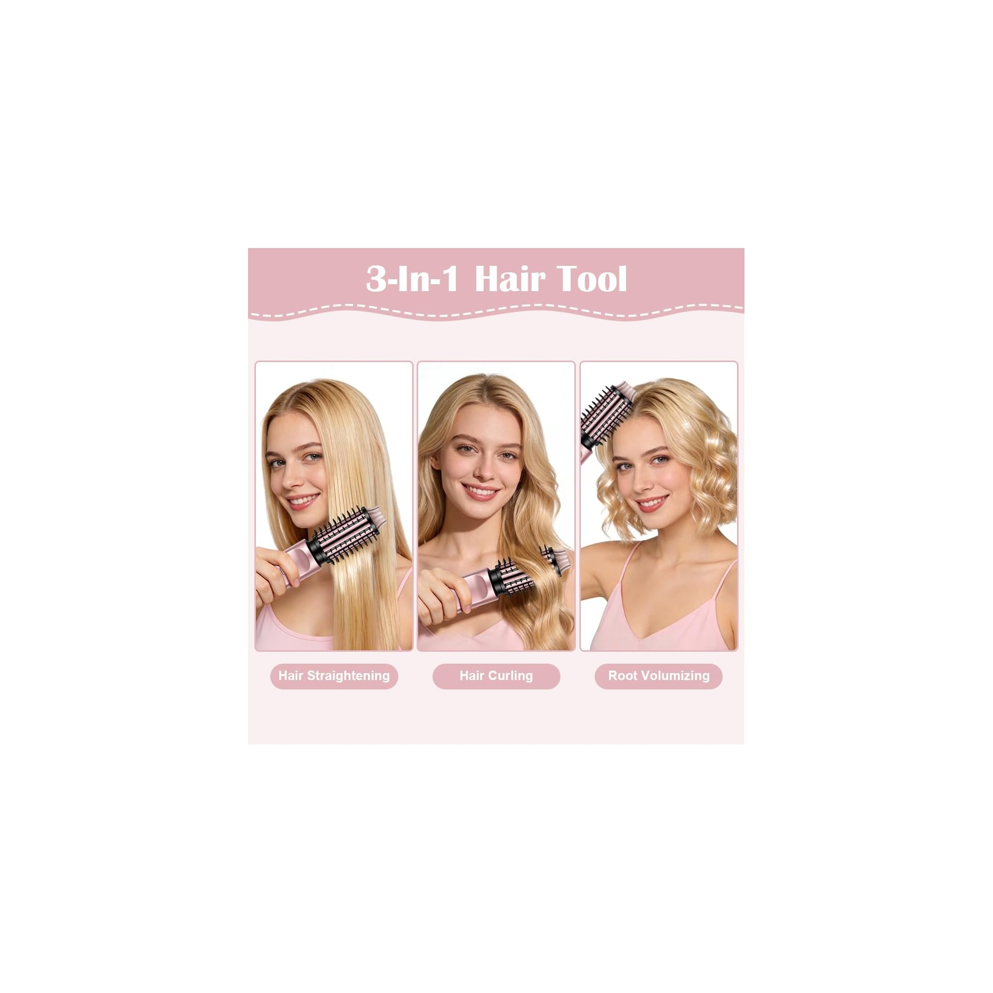 Ein 3-in-1-Haarstyling-Gerät, das langes blondes Haar glättet, lockt und am Ansatz Volumen verleiht.